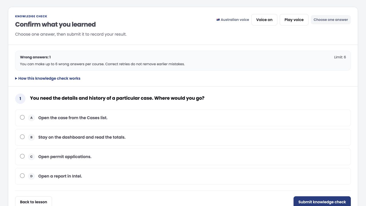 CORE Academy example knowledge check with a workplace question and four answer choices