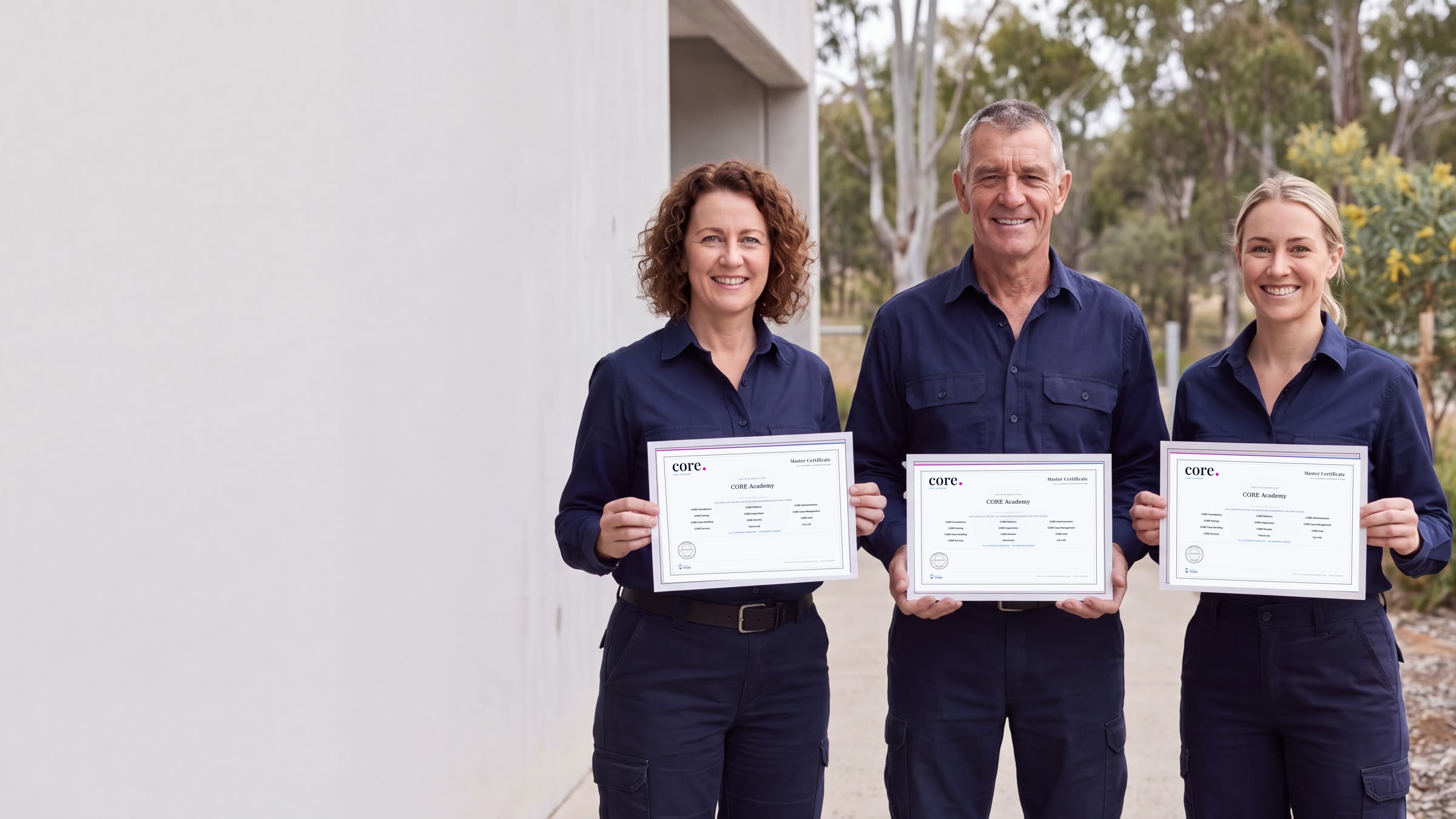 Illustrative group of three Australian officers holding CORE Academy Master Certificate designs