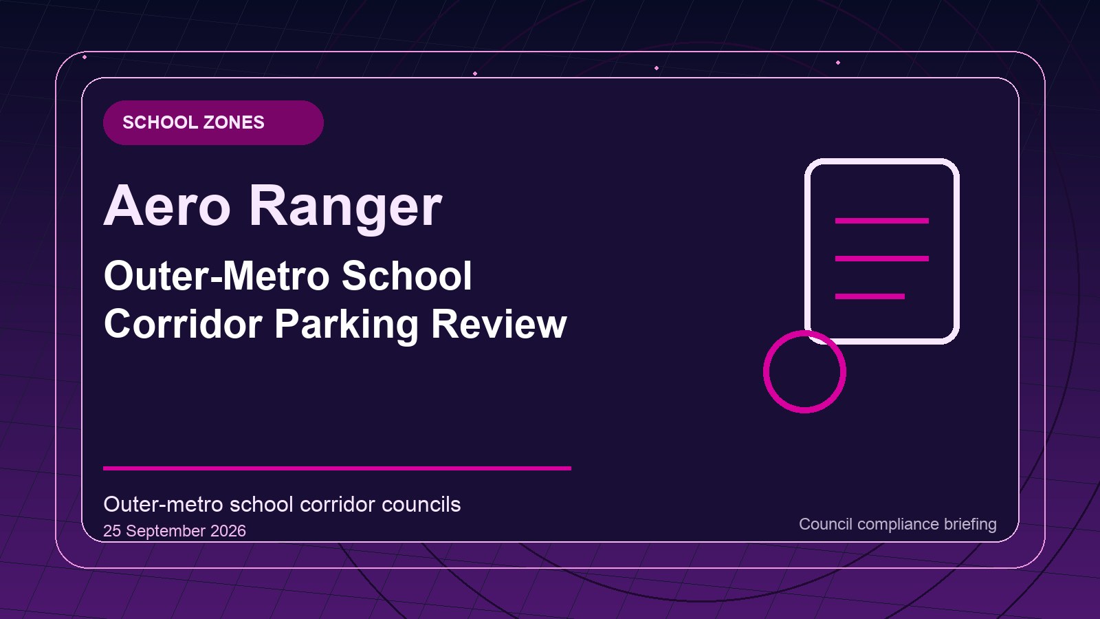 Generic school-corridor parking review card with a civic vehicle, marked kerb space, active time window and evidence notes