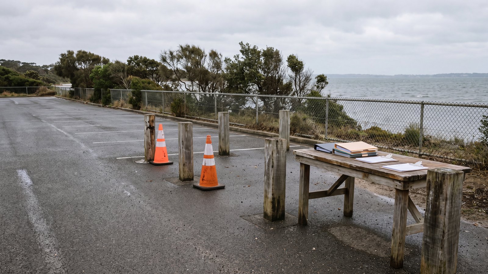 Coastal event-permit setting with plain bollards and empty parking bays