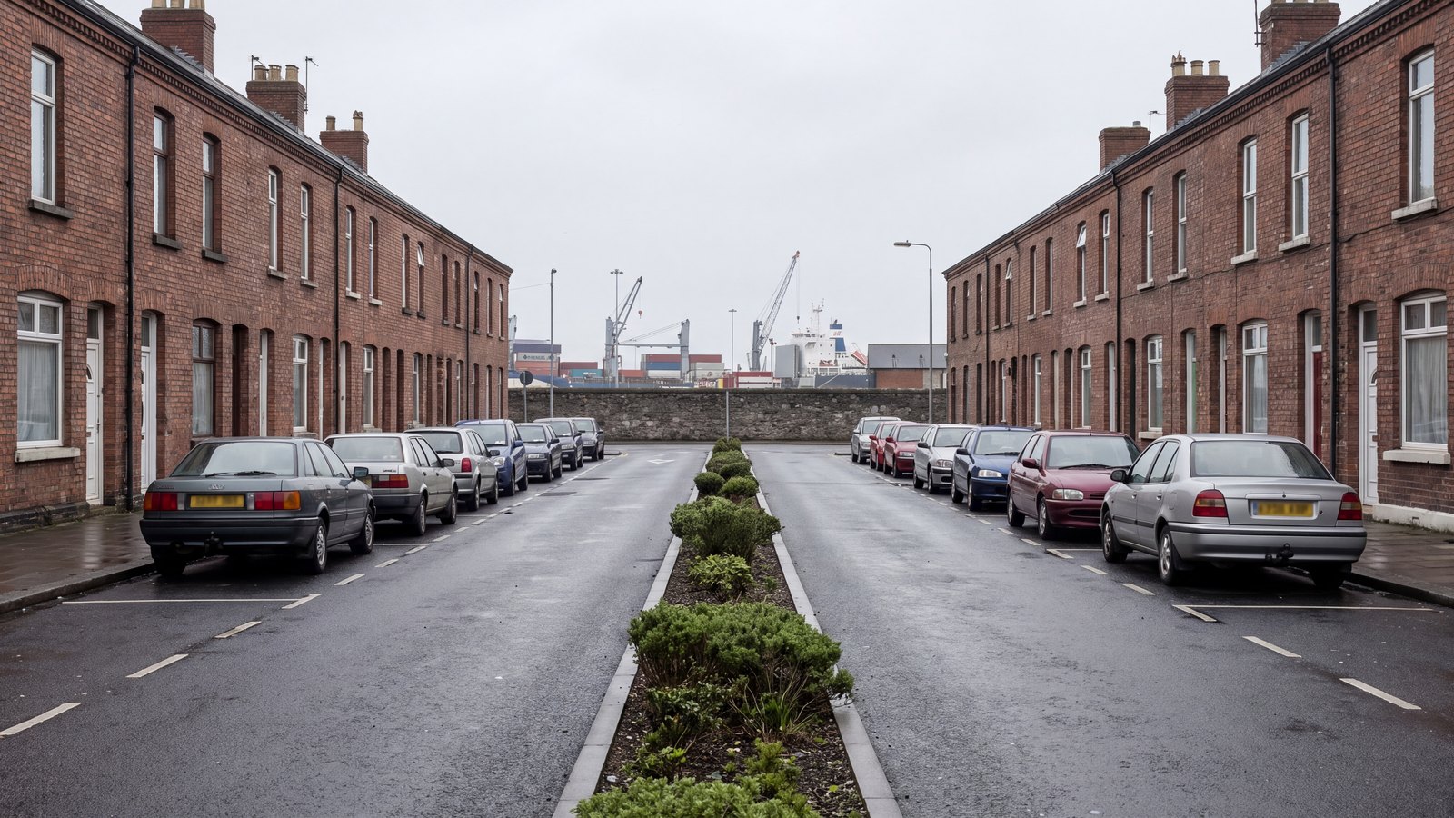 Coastal port-city permit-zone street with kerbside parking and brick terraces