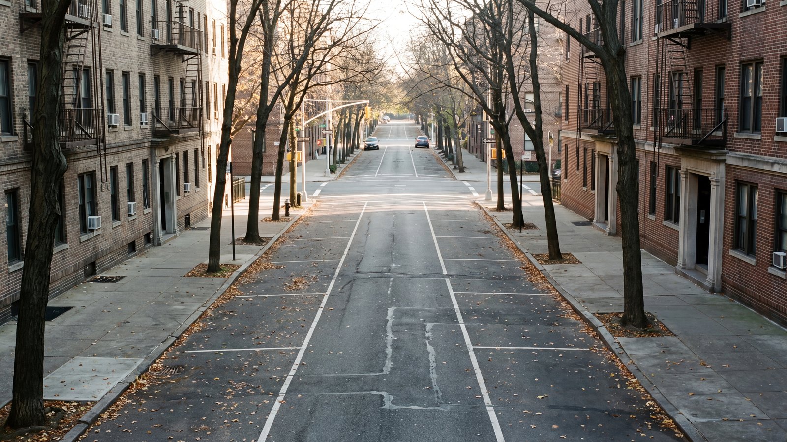 Large-city permit district street with orderly kerbside parking and trees