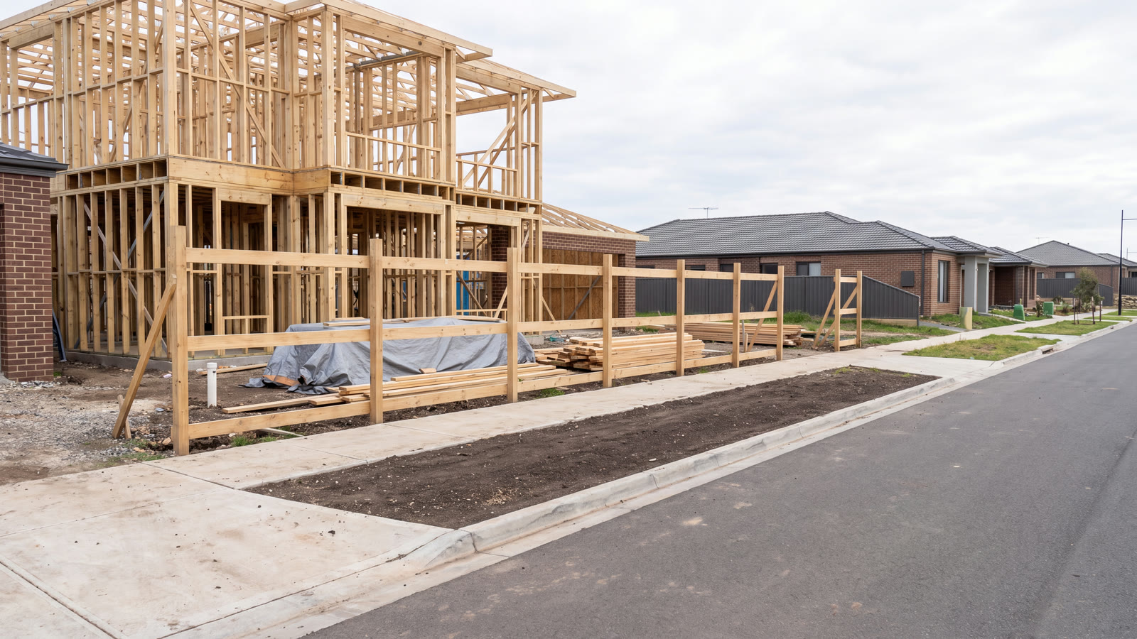 Generic metropolitan growth-area works zone with a blank permit board, temporary barrier and review tablet