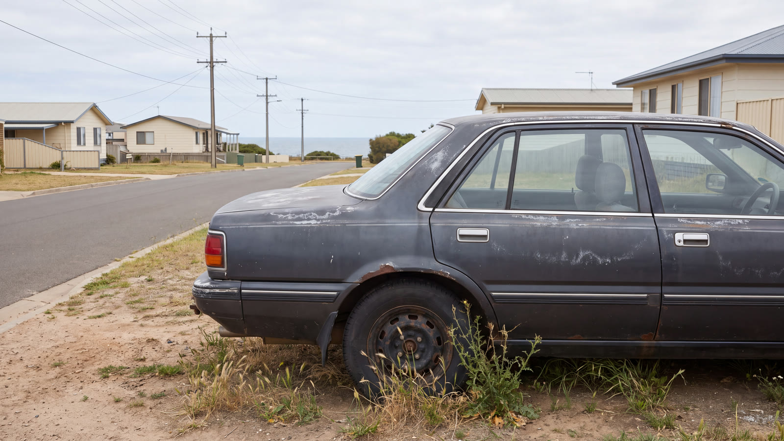 Weathered vehicle on a generic coastal suburban street with an abstract evidence tablet and blank marker