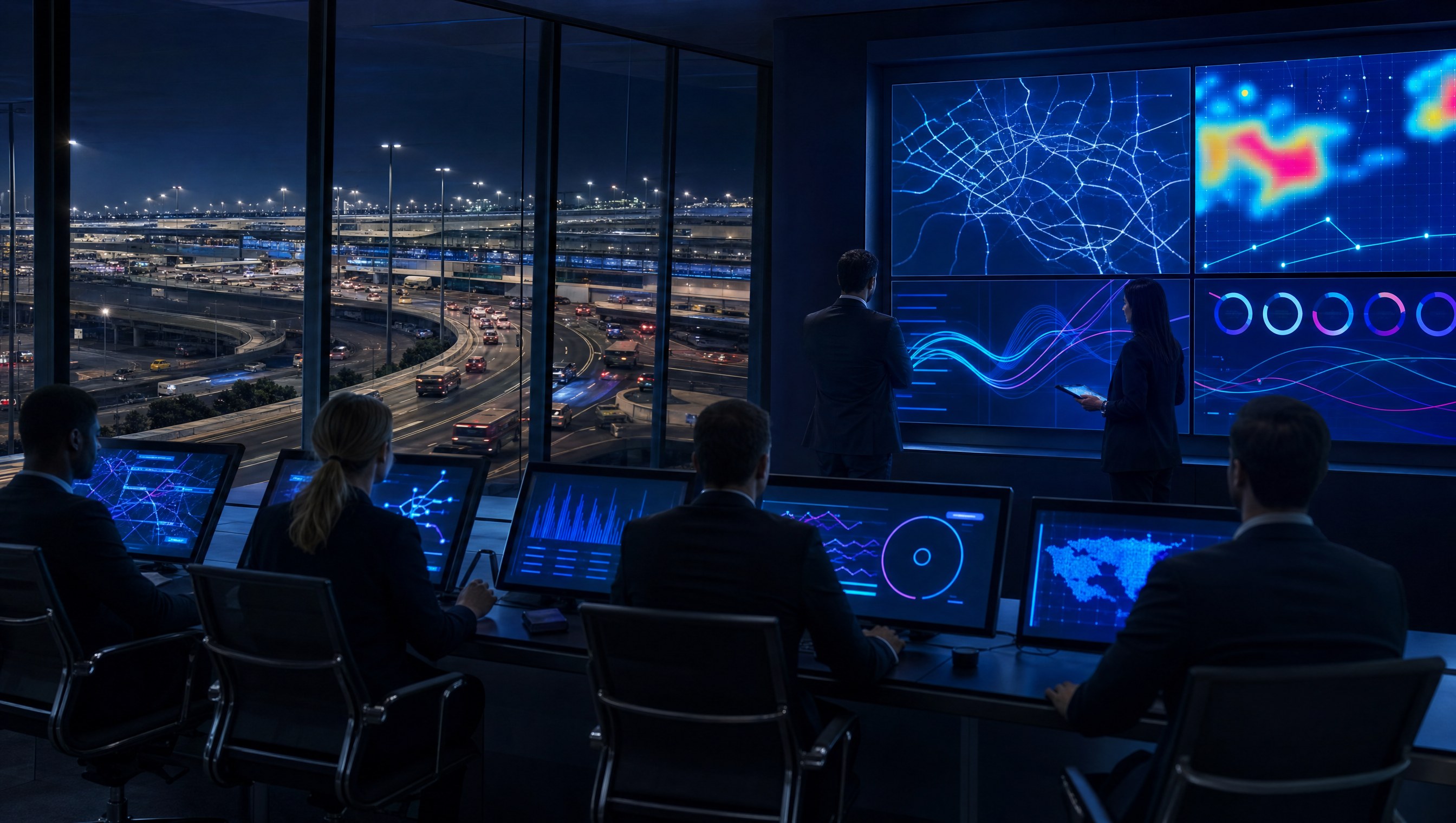 Airport executive reporting room with landside vehicle analytics dashboards