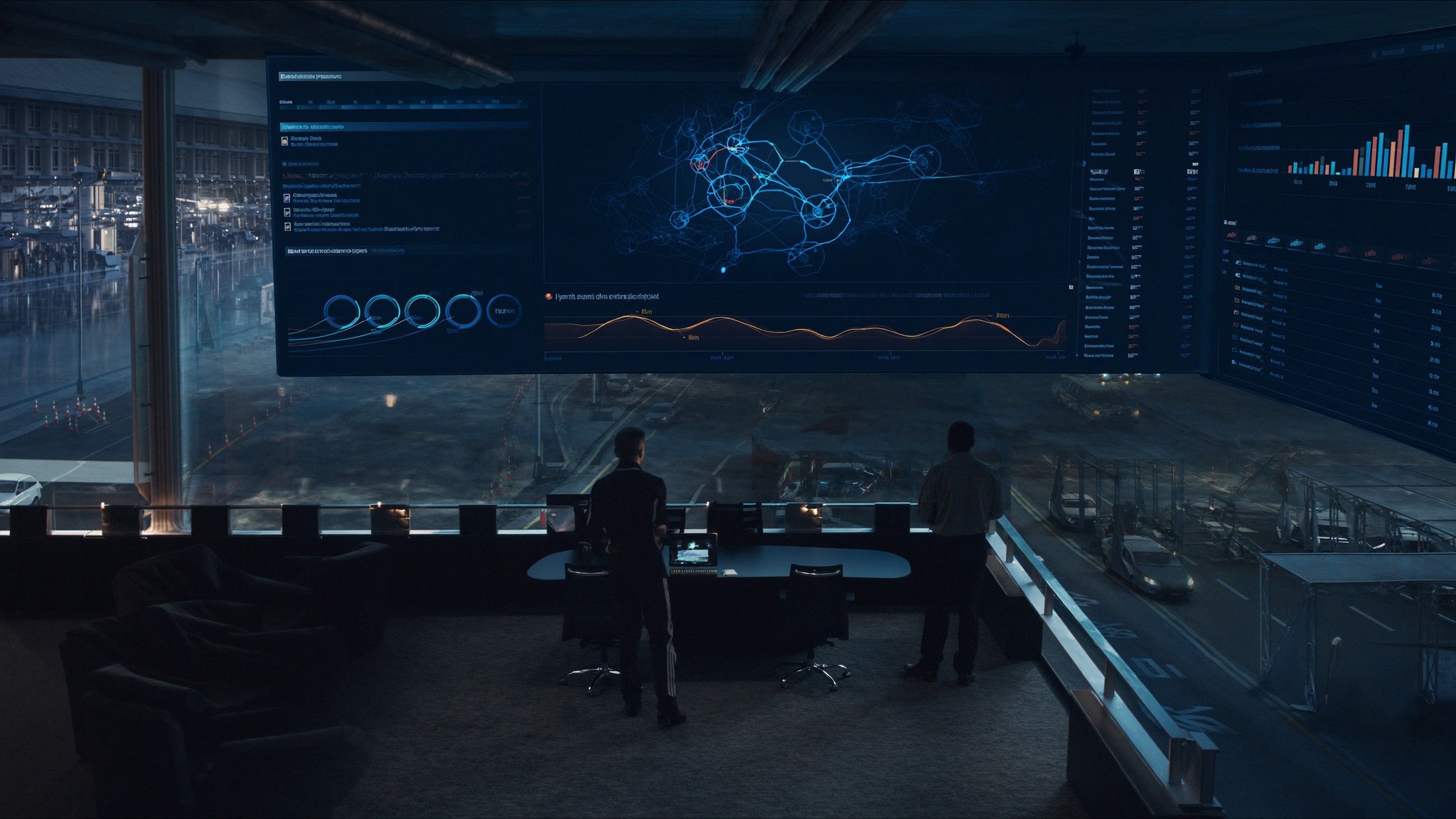 Airport landside operations control room with curbside vehicle movement dashboards