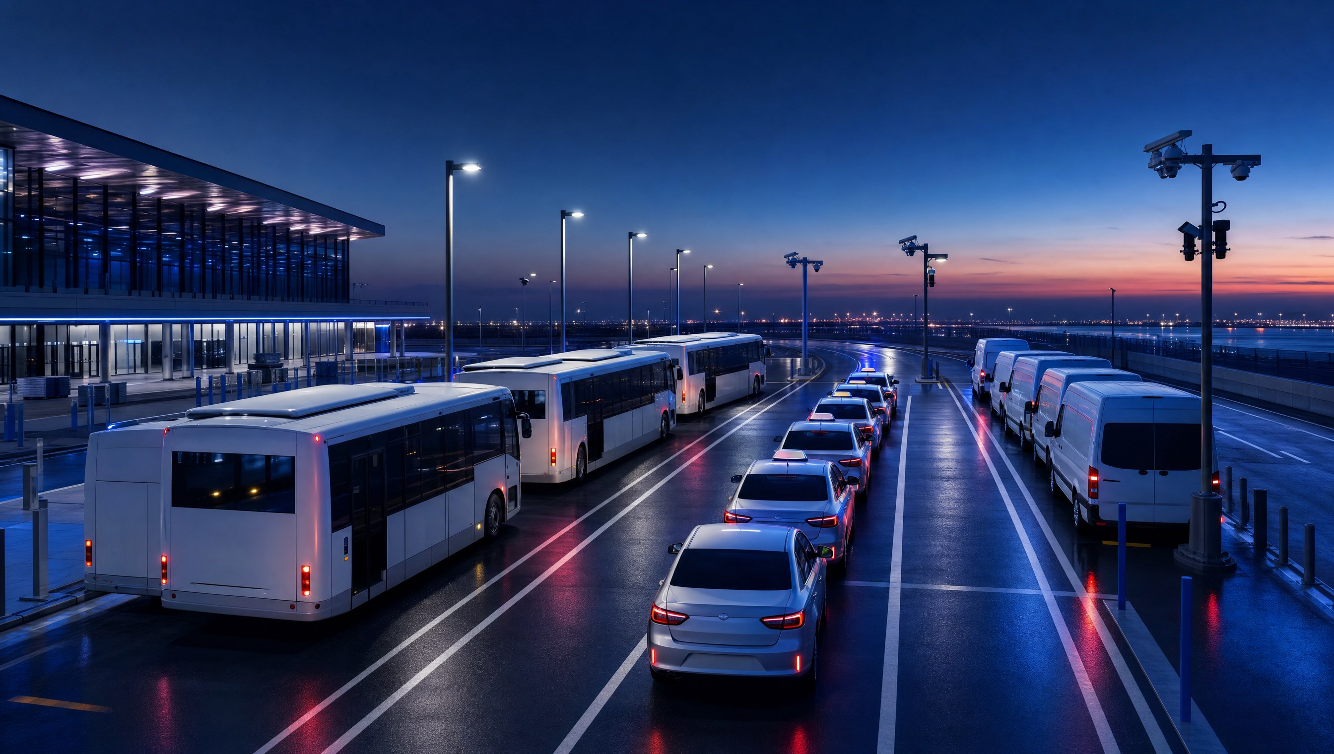 Airport ground transport staging lanes with buses, vans and cars near a terminal