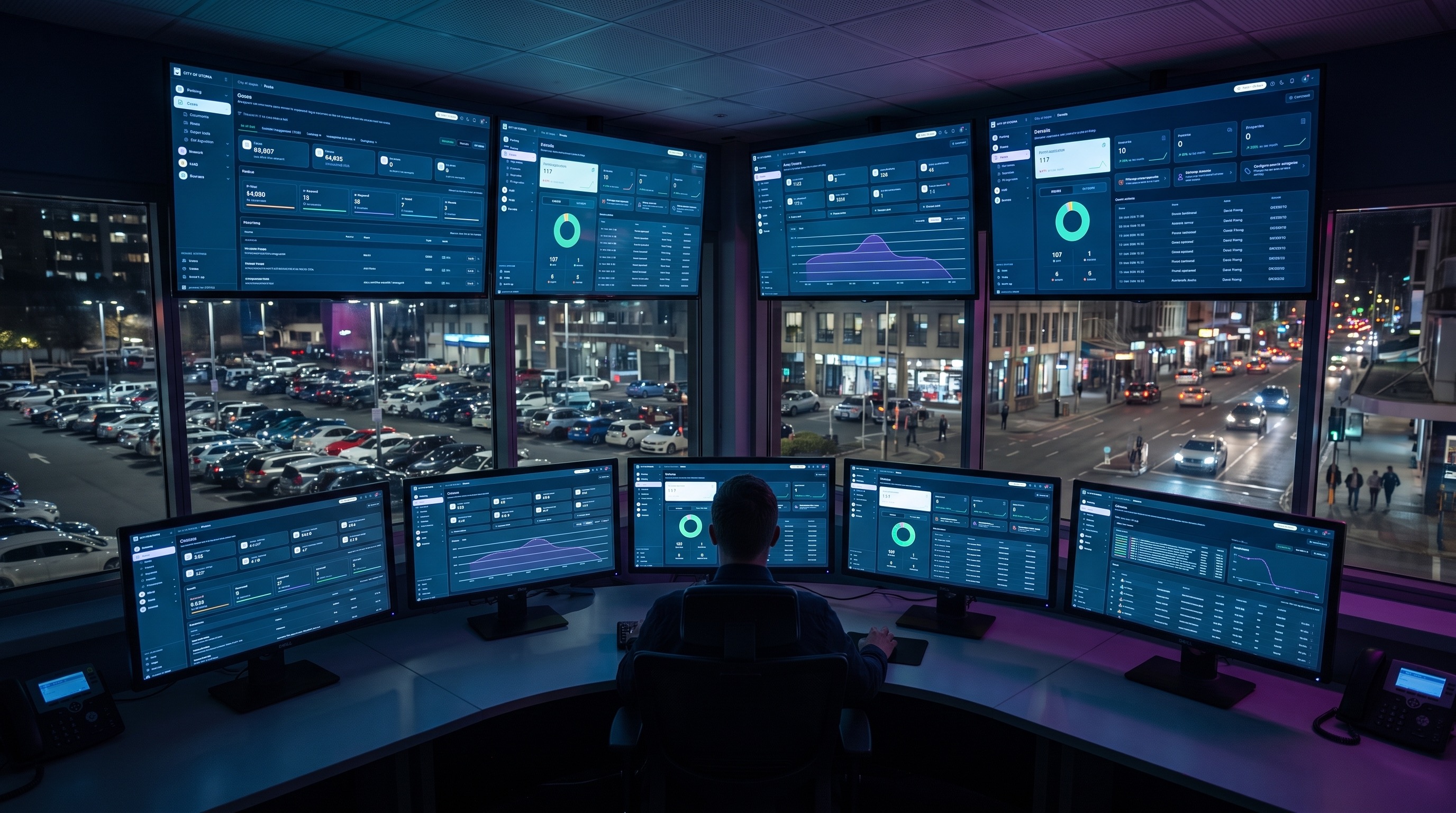 Council compliance operations room with blue and purple lighting reviewing field activity