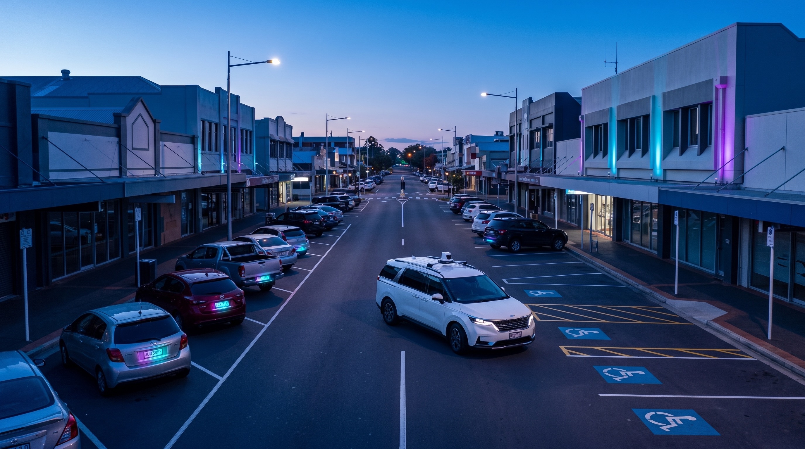 Town centre parking operations scene with blue and purple lighting