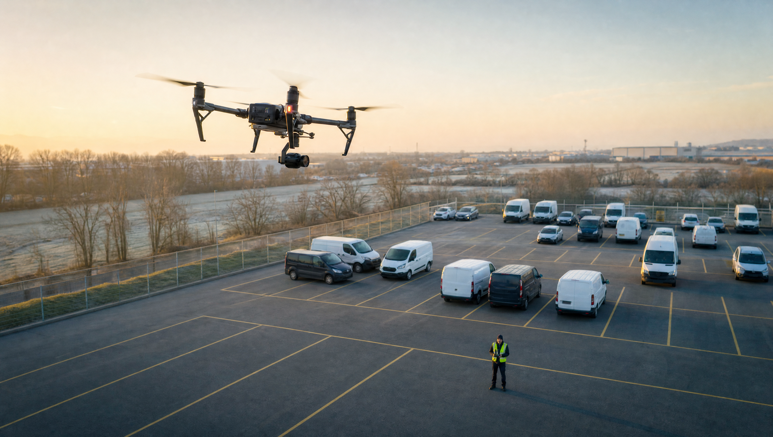 Commercial drone observing a marked vehicle depot