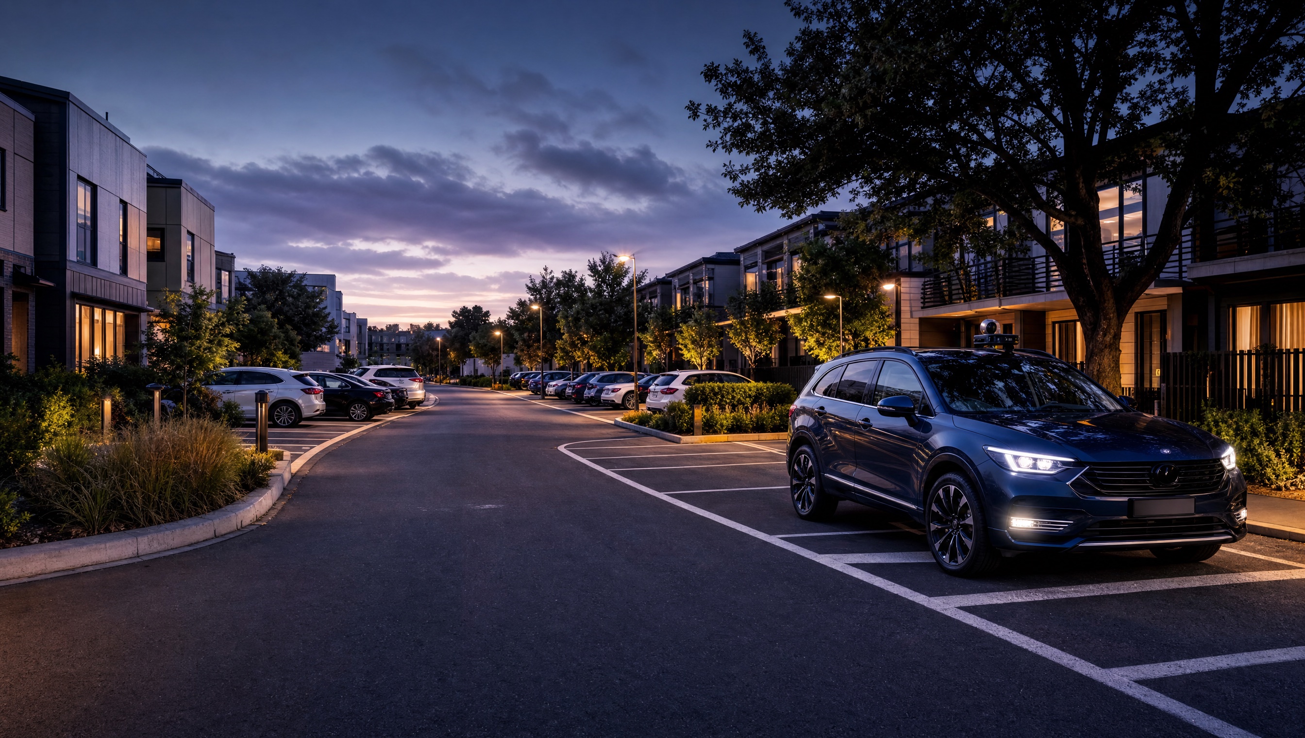 Townhouse estate internal road with visitor parking bays and patrol vehicle at dusk