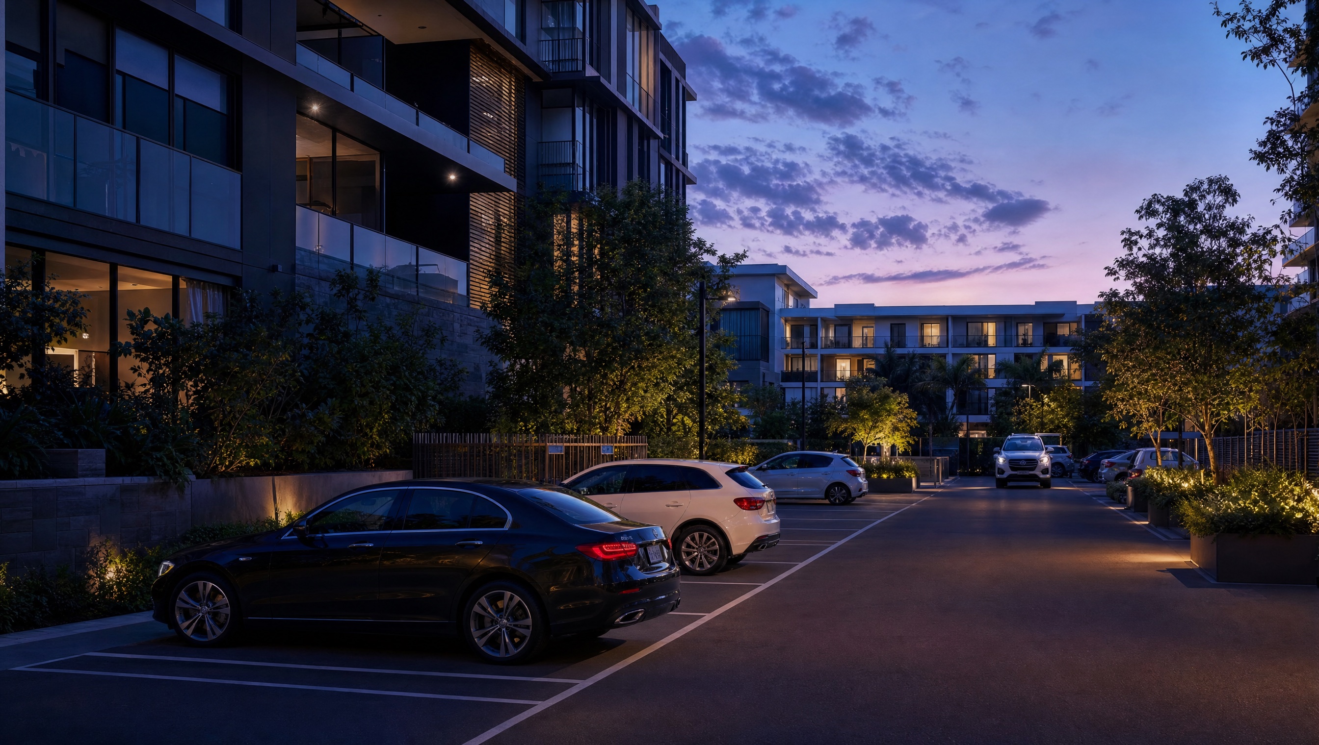 Modern strata apartment visitor parking area at dusk with marked bays and residential buildings