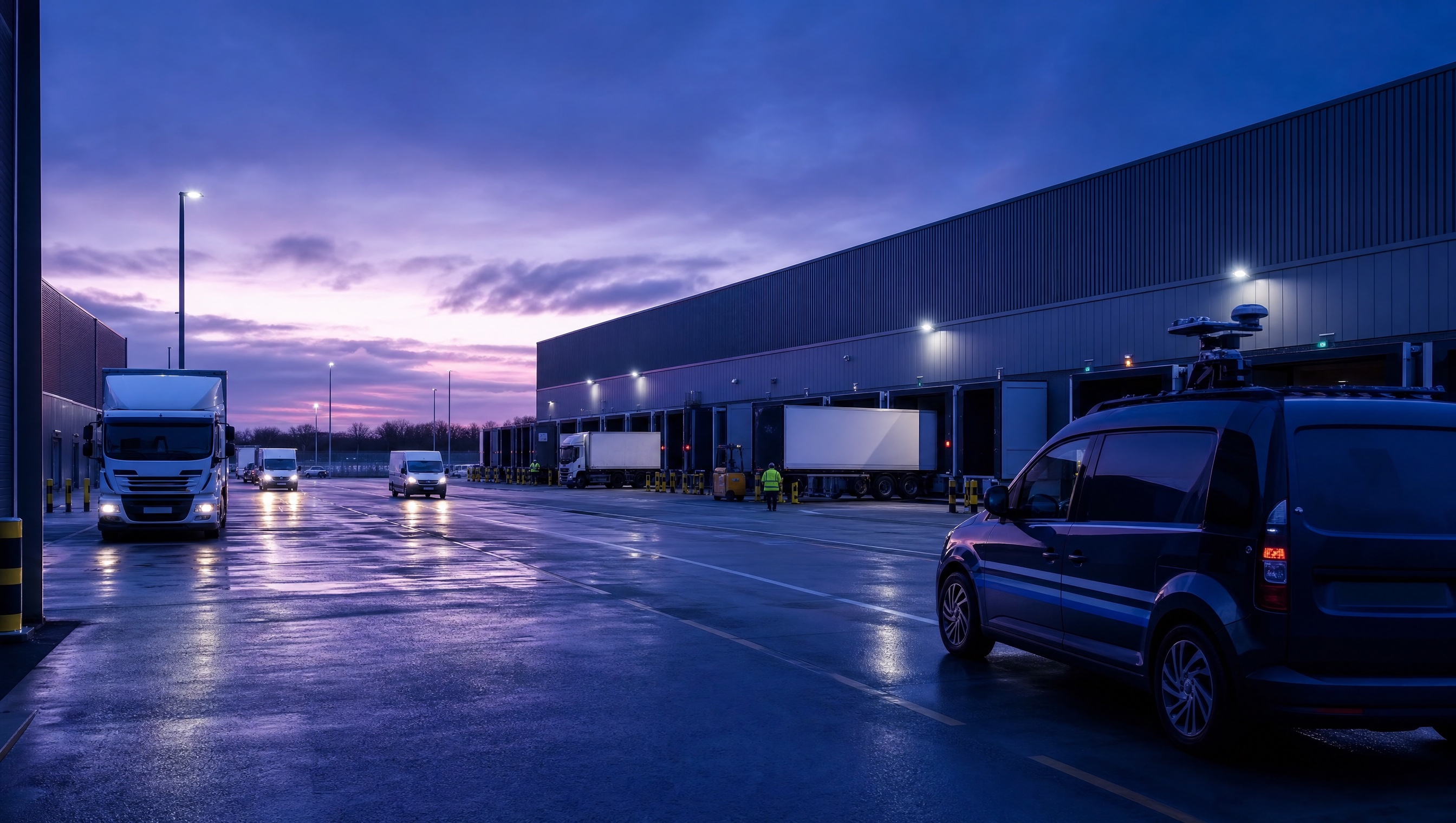 Operational vehicle yard with movement lanes and evening lighting