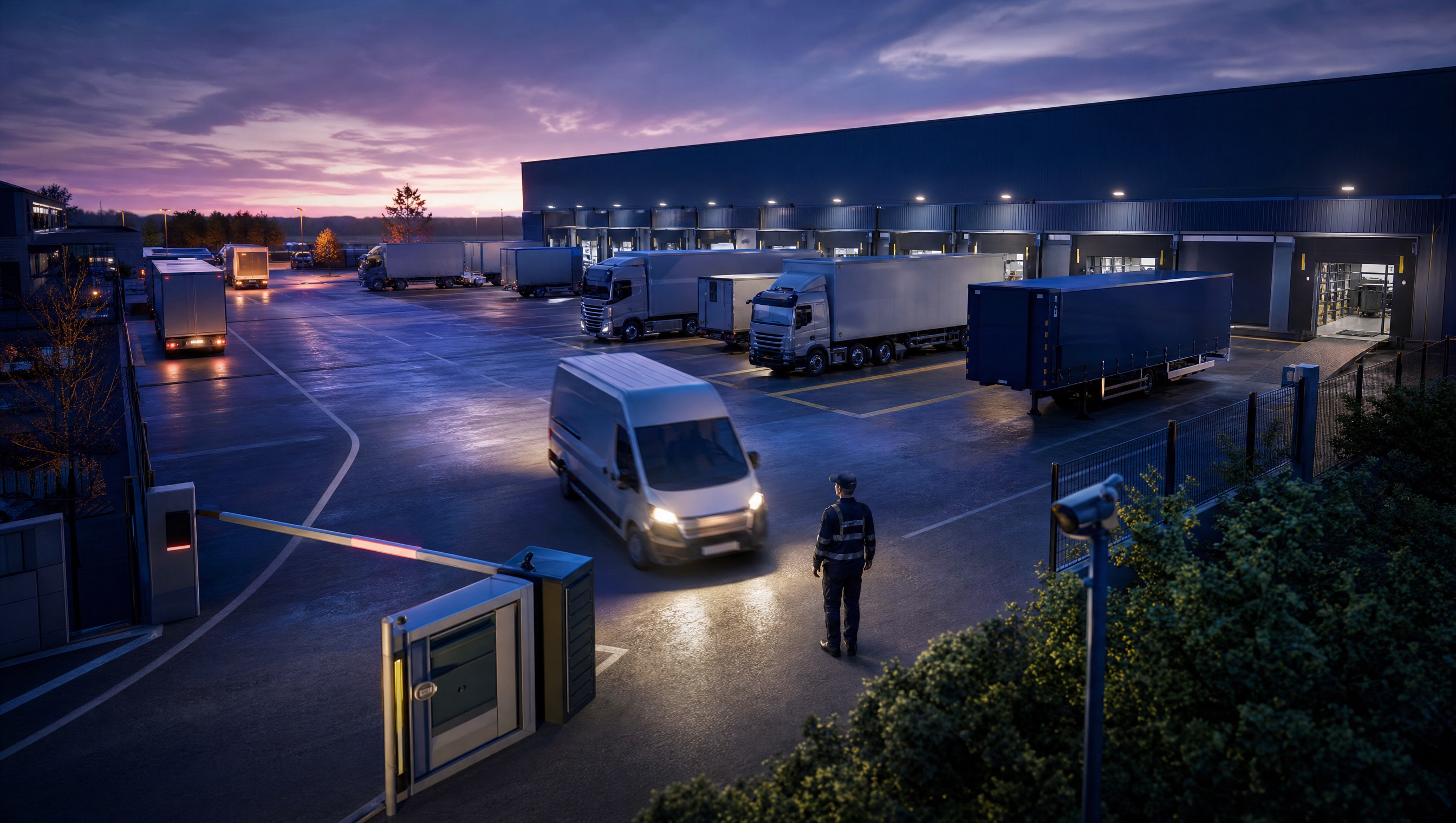 Warehouse loading dock with trucks and vans moving through marked access lanes at dusk