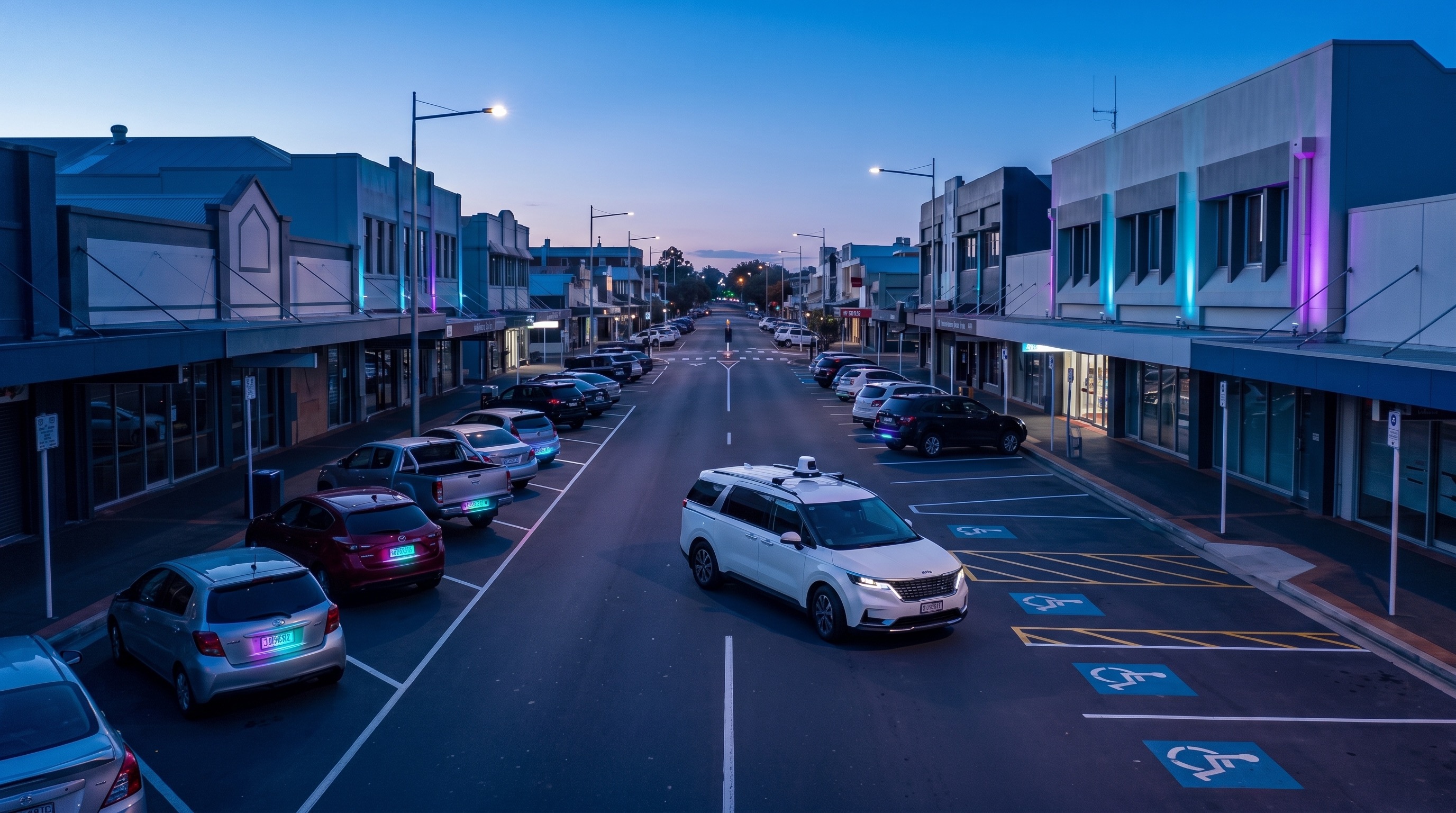 Plain survey vehicle collecting AI-assisted parking survey data through a town centre at blue hour