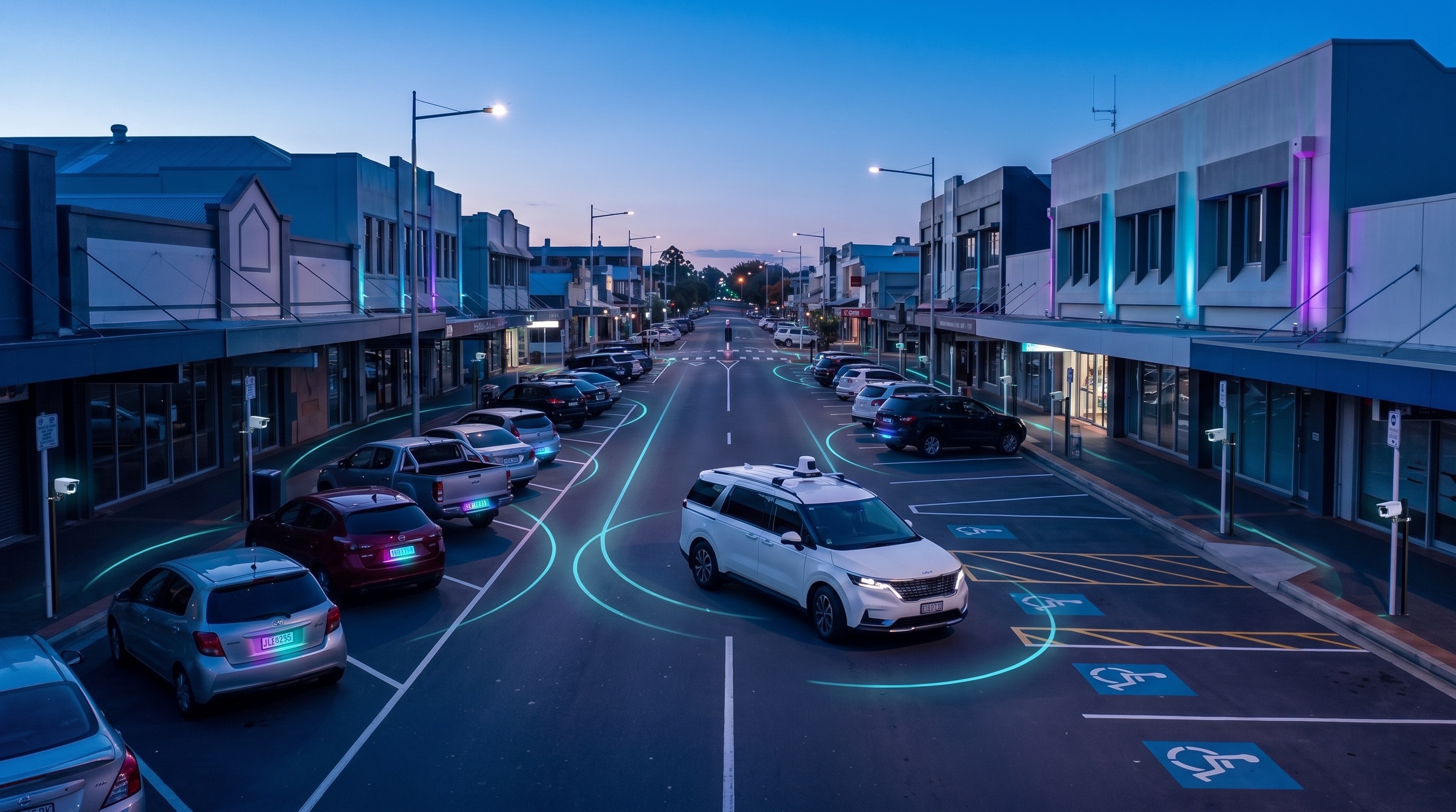 Town centre corridor traffic count with vehicle movement arcs and temporary survey sensors