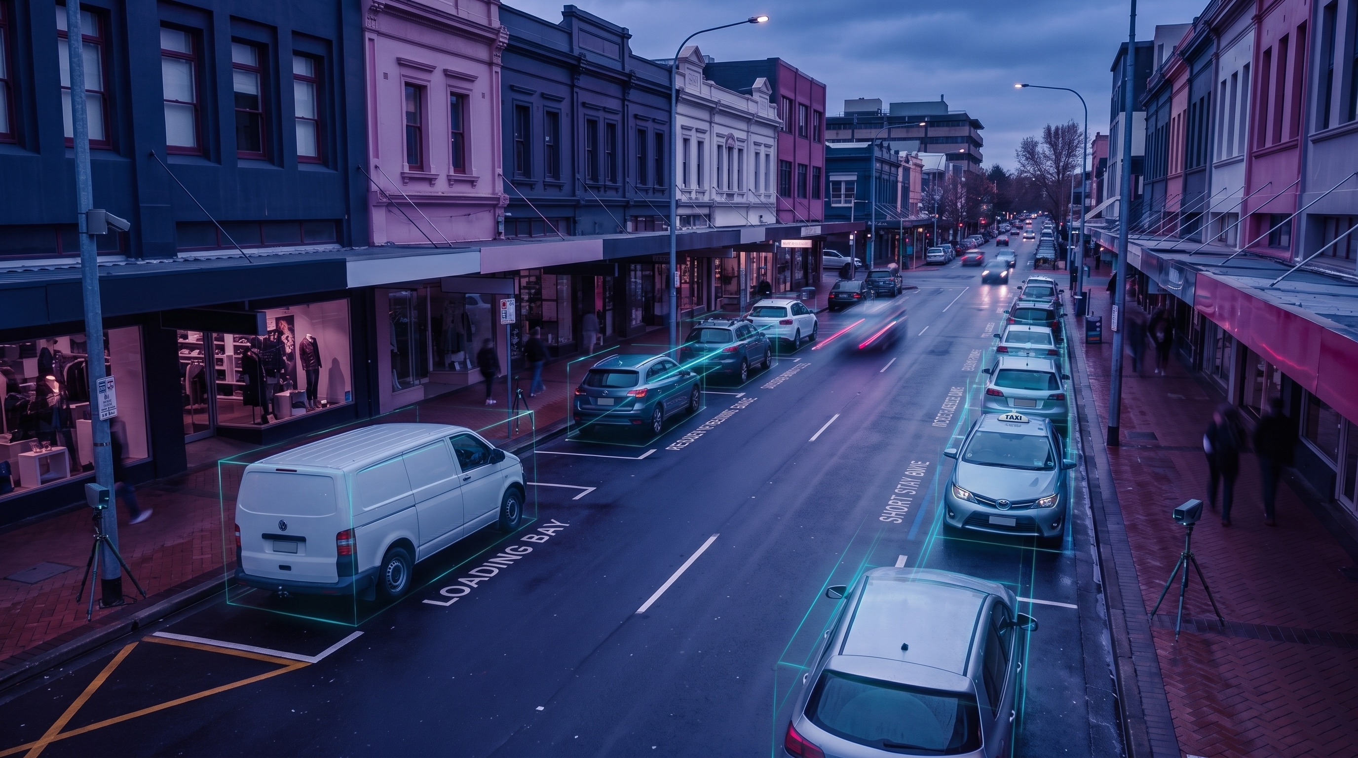Kerbside activity survey with temporary roadside cameras and vehicle movement overlays