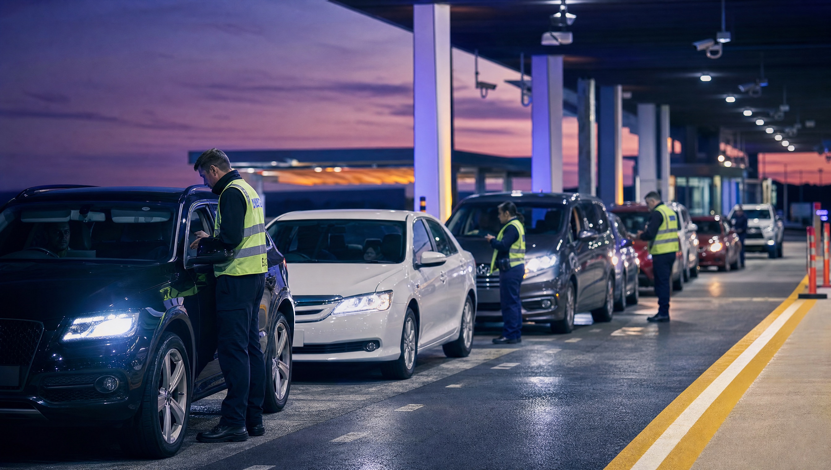 Compliance officers checking rideshare and hire vehicles in a terminal pickup lane at dusk