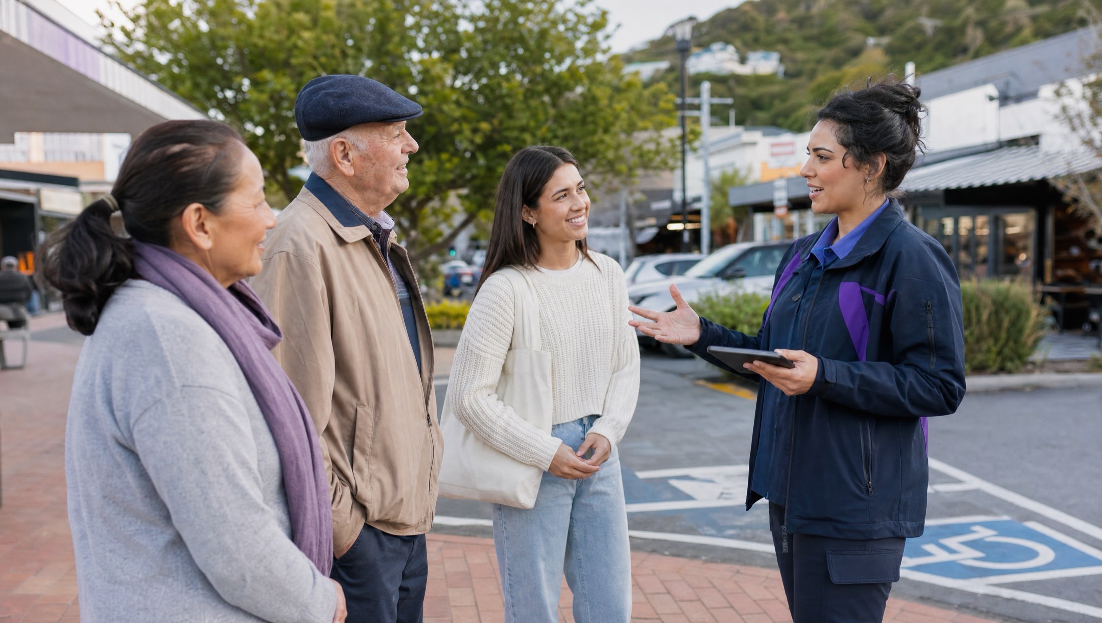Local residents speaking with a council compliance officer in a town centre