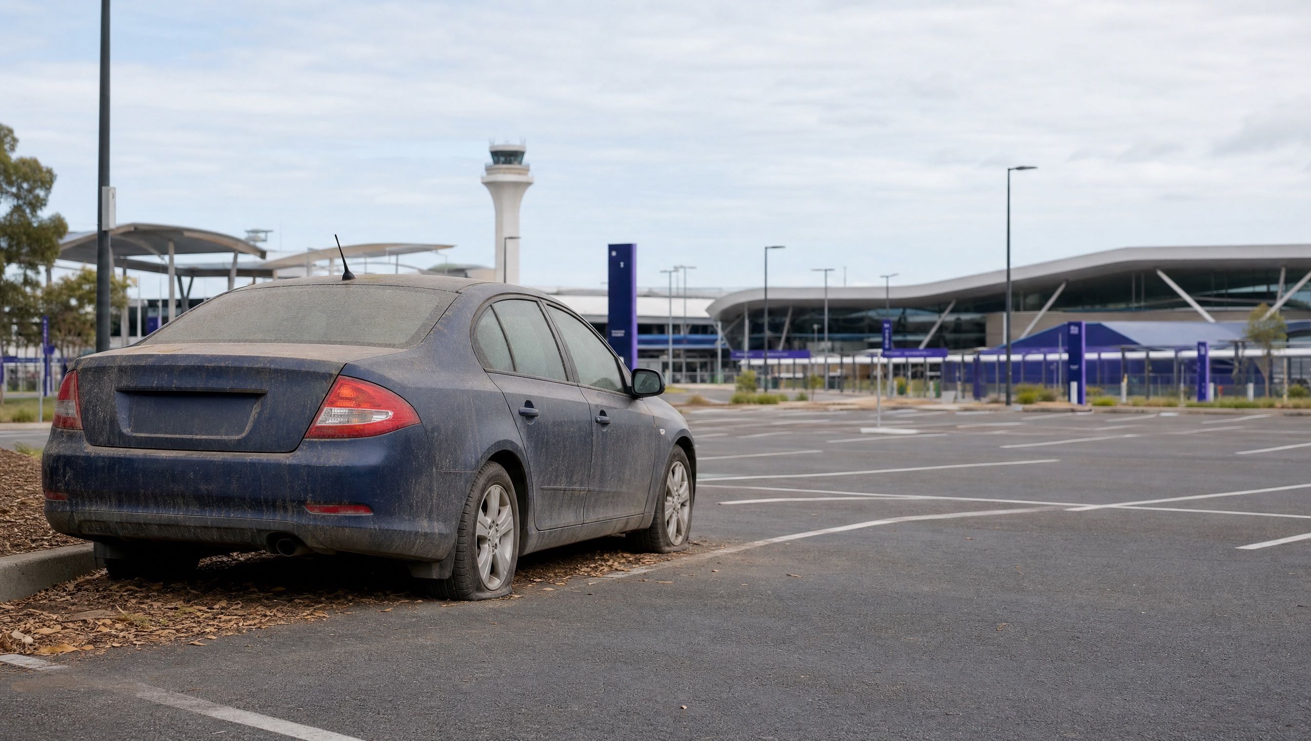 Dusty long-unmoved vehicle in an airport long-stay parking area awaiting operational review