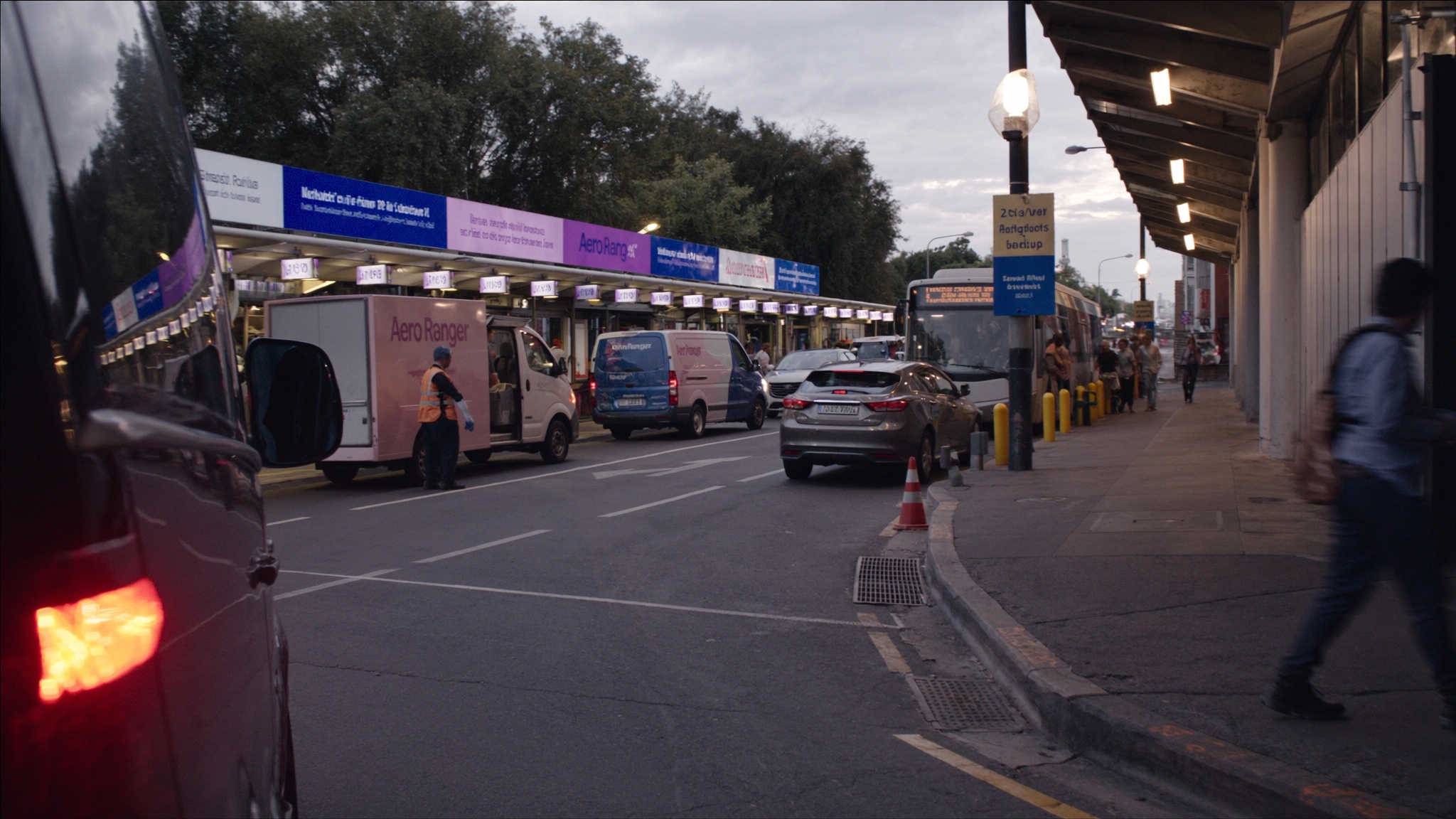 Busy Australian city kerbside with coordinated vehicle and pedestrian movement