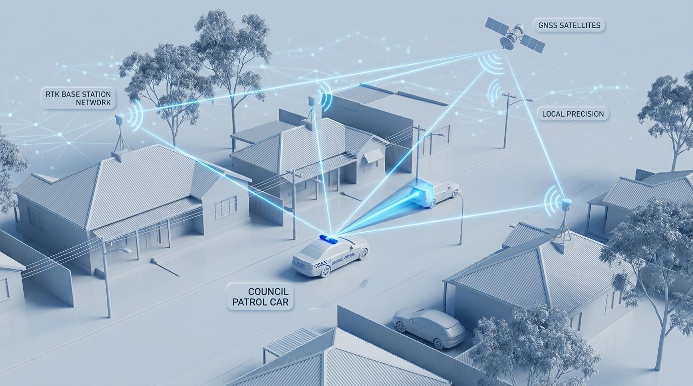 Aero Ranger RTK base station network connecting GNSS satellites, base stations and council patrol cars