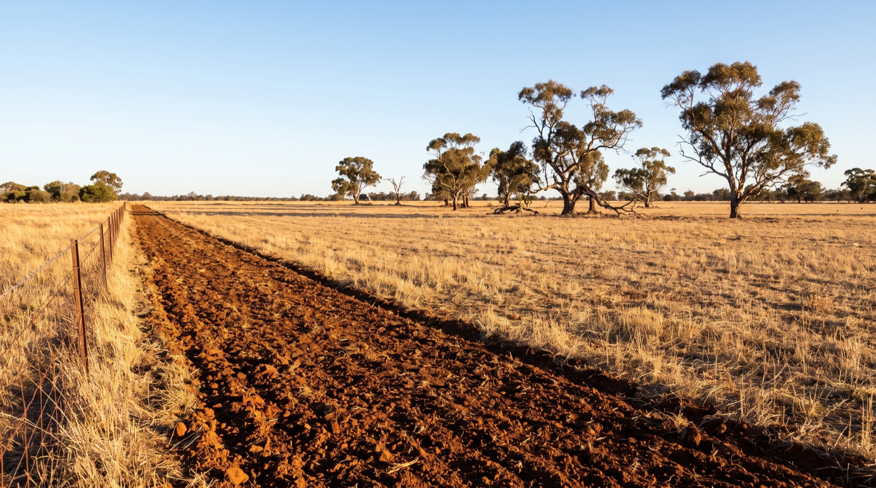 Cultivated firebreak strip beside a dry Australian field boundary