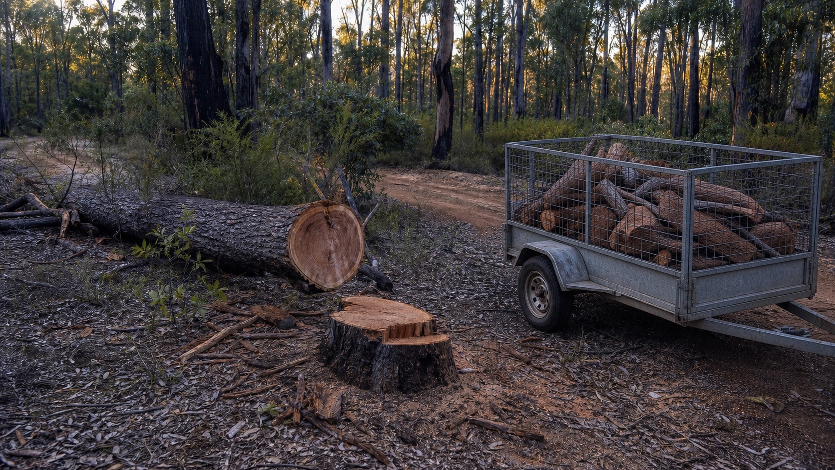 Felled Jarrah tree and caged trailer loaded with rough cut logs in a Western Australian forest reserve
