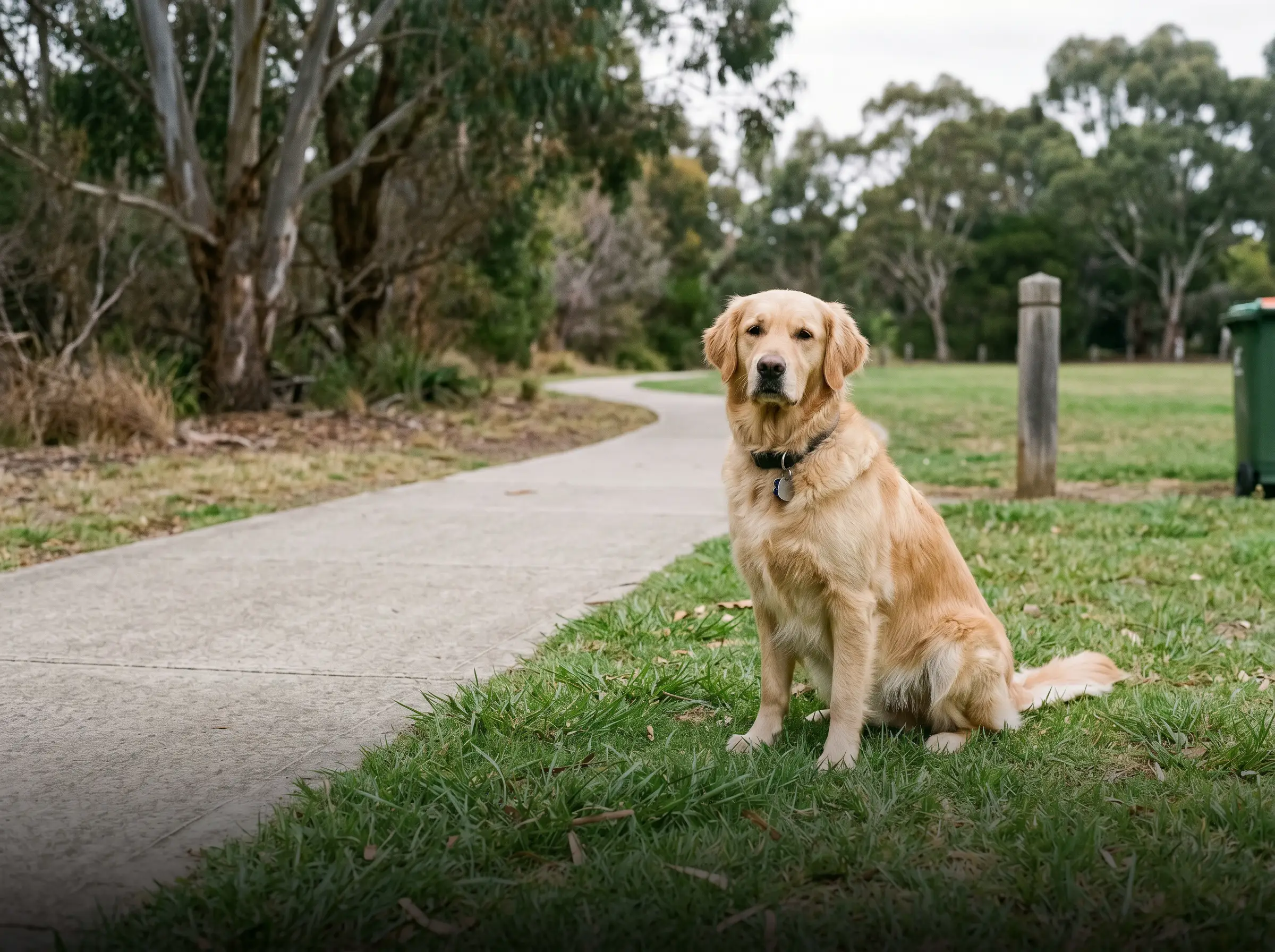 Dog sitting beside a suburban park path for an animal compliance evidence example