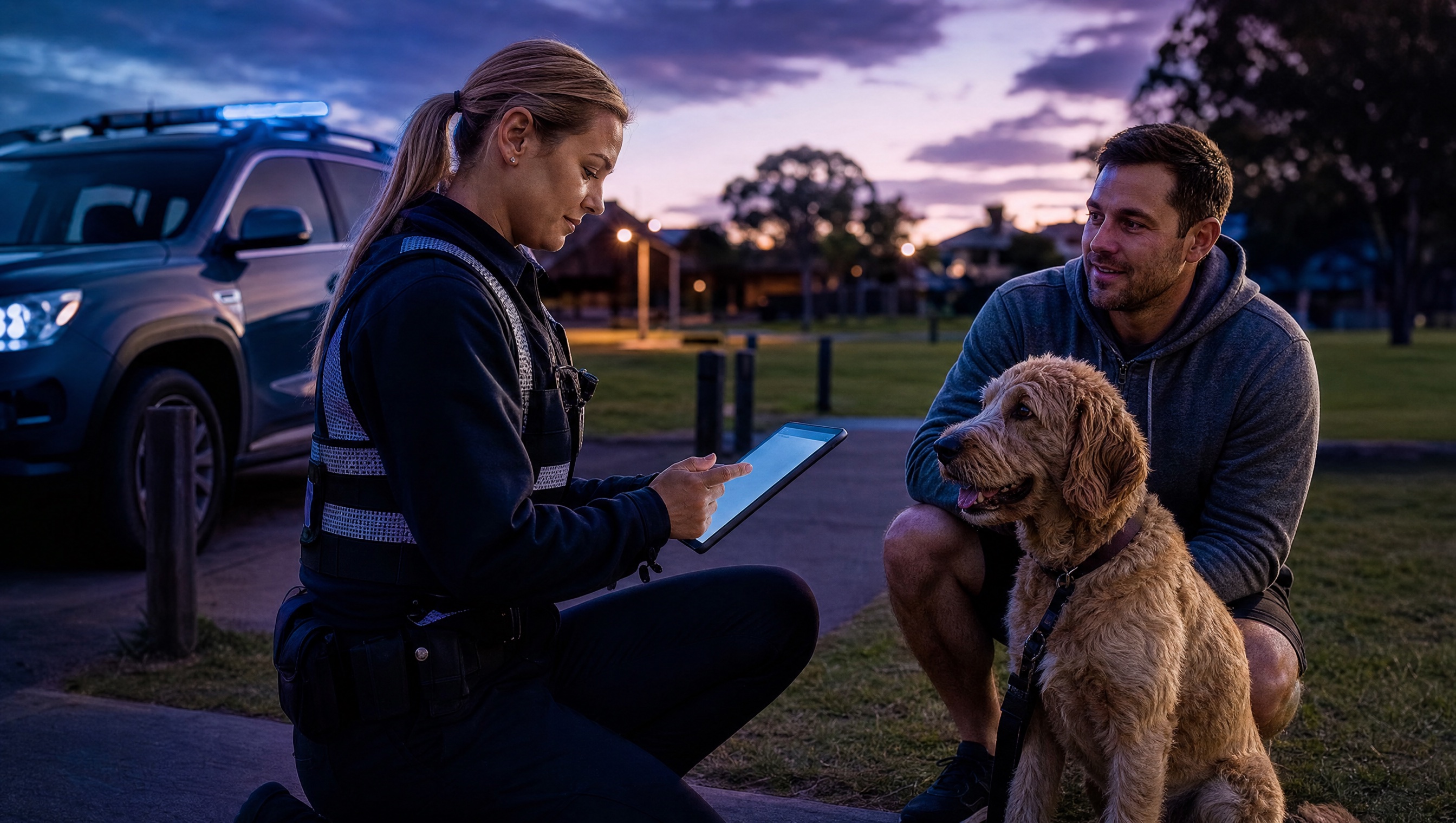 Animal management officer checking dog registration details on a tablet in a suburban park