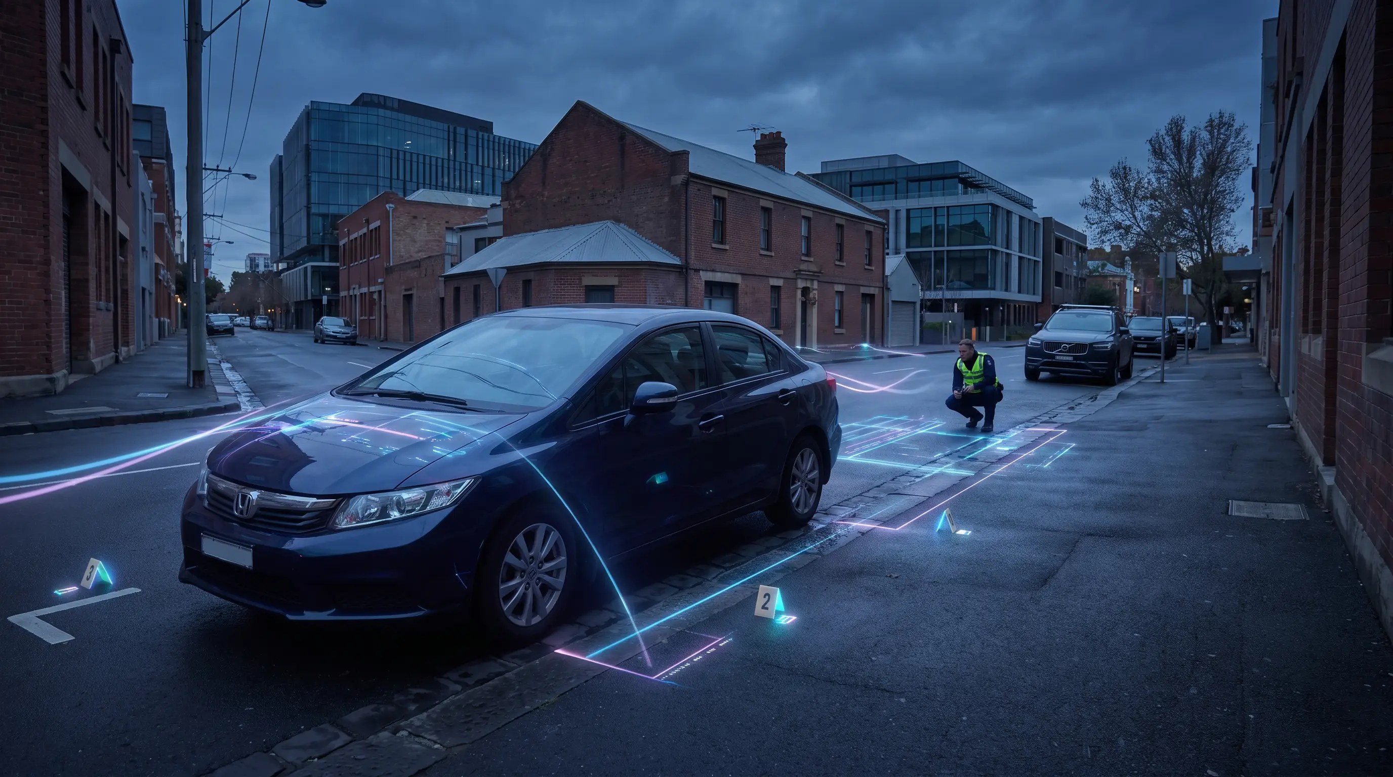 Kerbside registration review scene with plate history suggested through abstract blue light trails