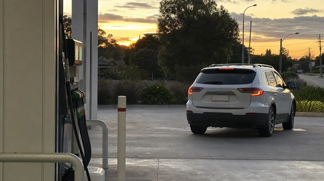 Service station forecourt with a vehicle leaving a fuel pump lane and no readable plate
