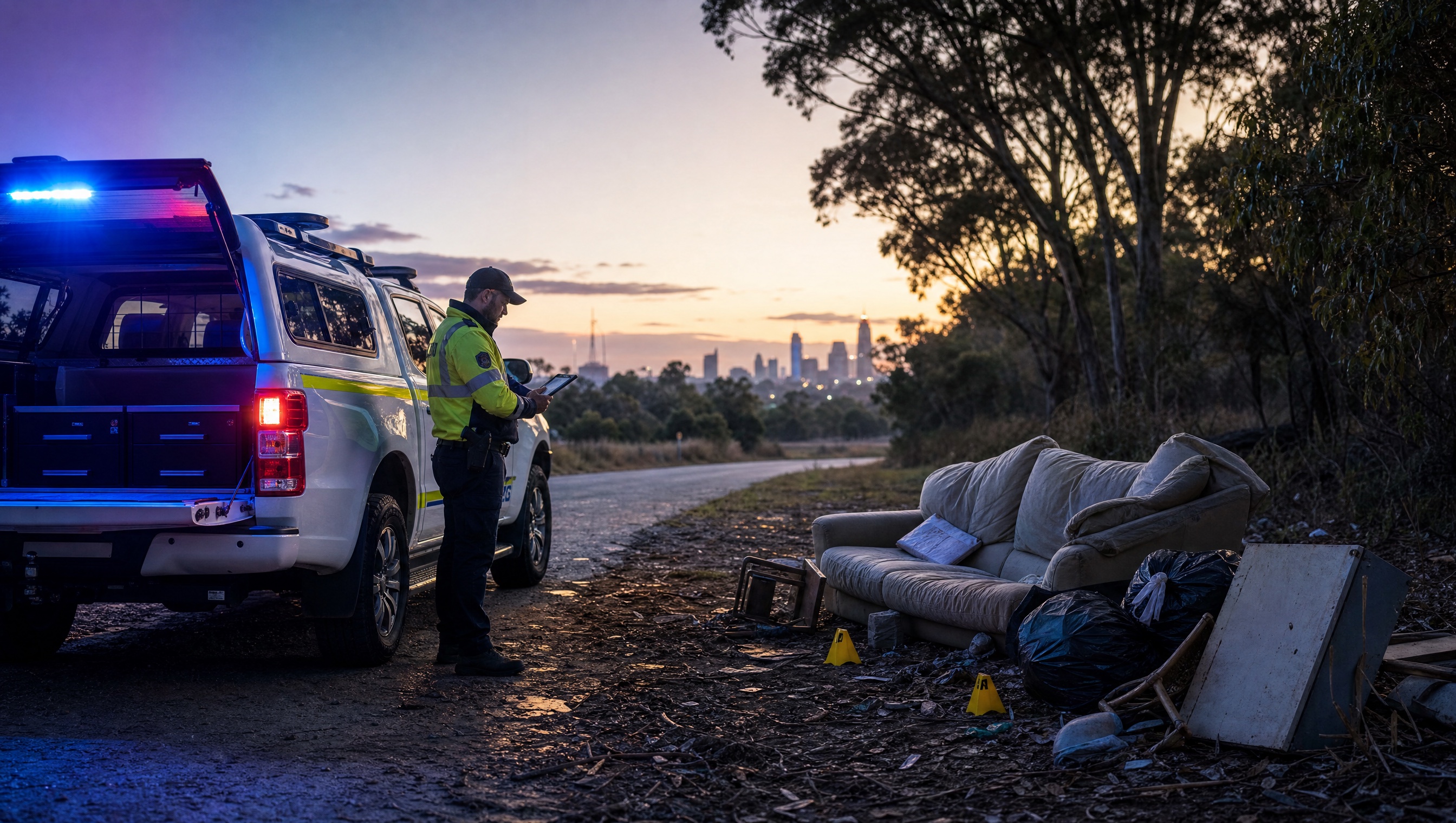 Council ranger documenting illegal dumping beside a roadside dumping site with blue and purple dawn lighting