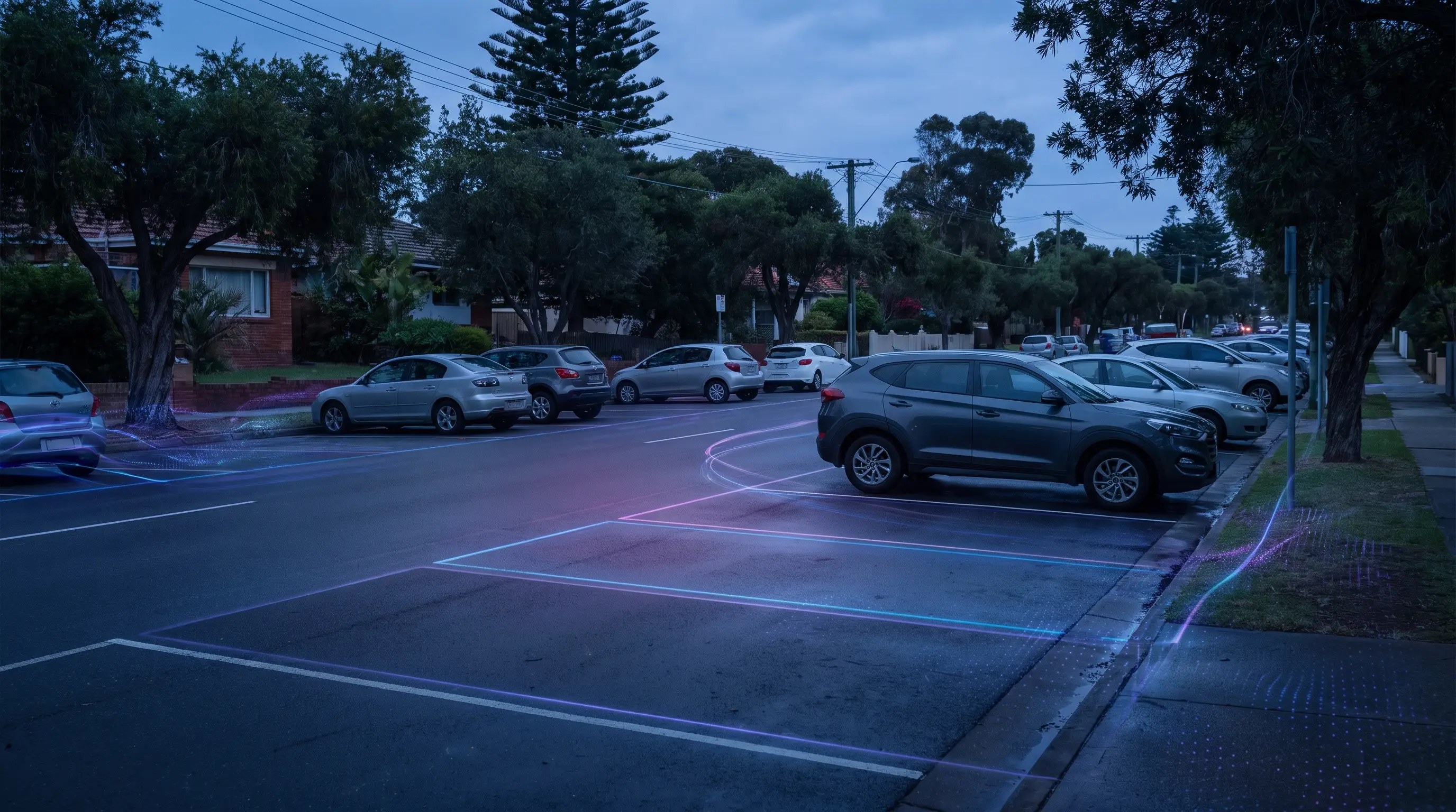 Residential permit zone with ordinary vehicles and blue-purple permit boundary overlays