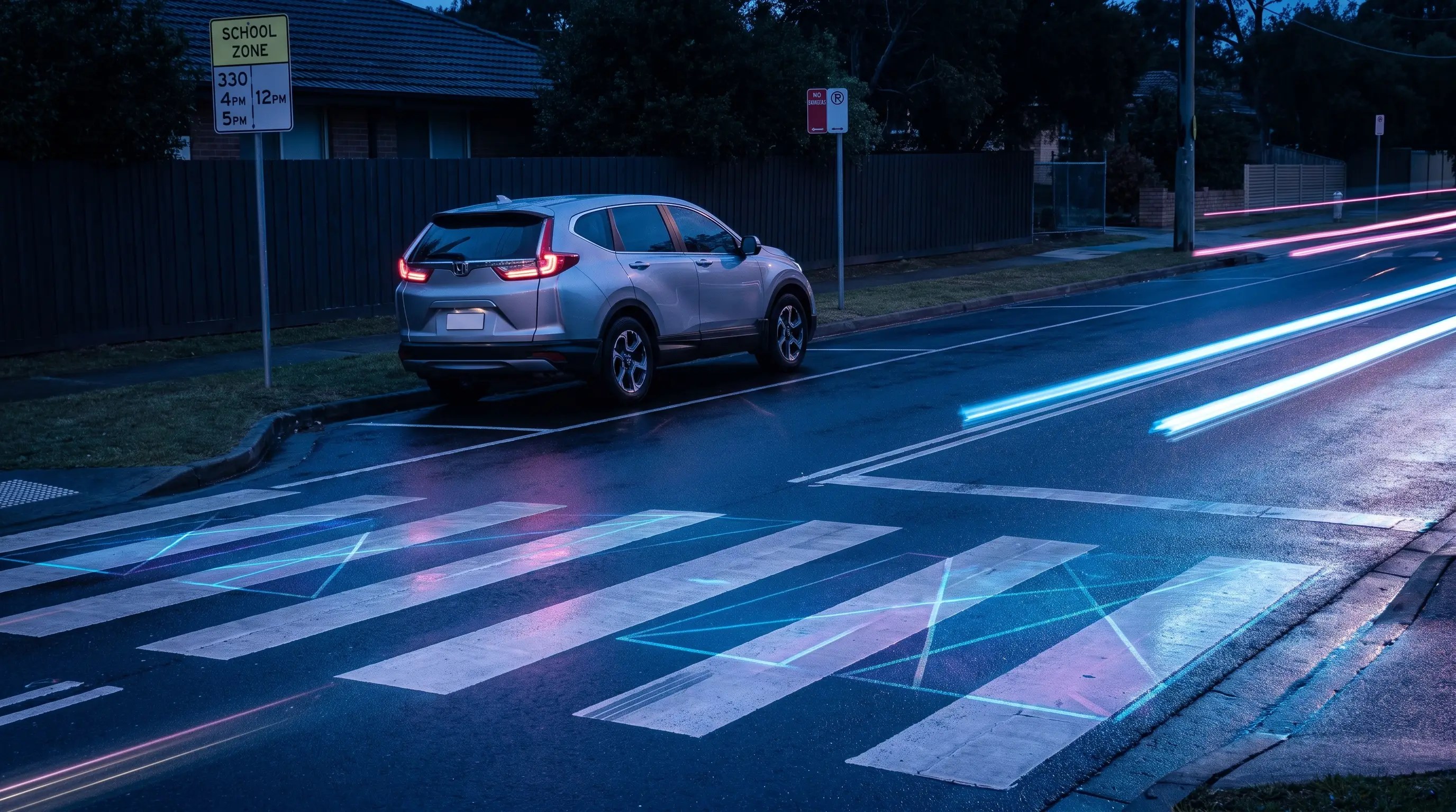 School frontage parking zone at morning peak with blue-purple safety and restriction overlays
