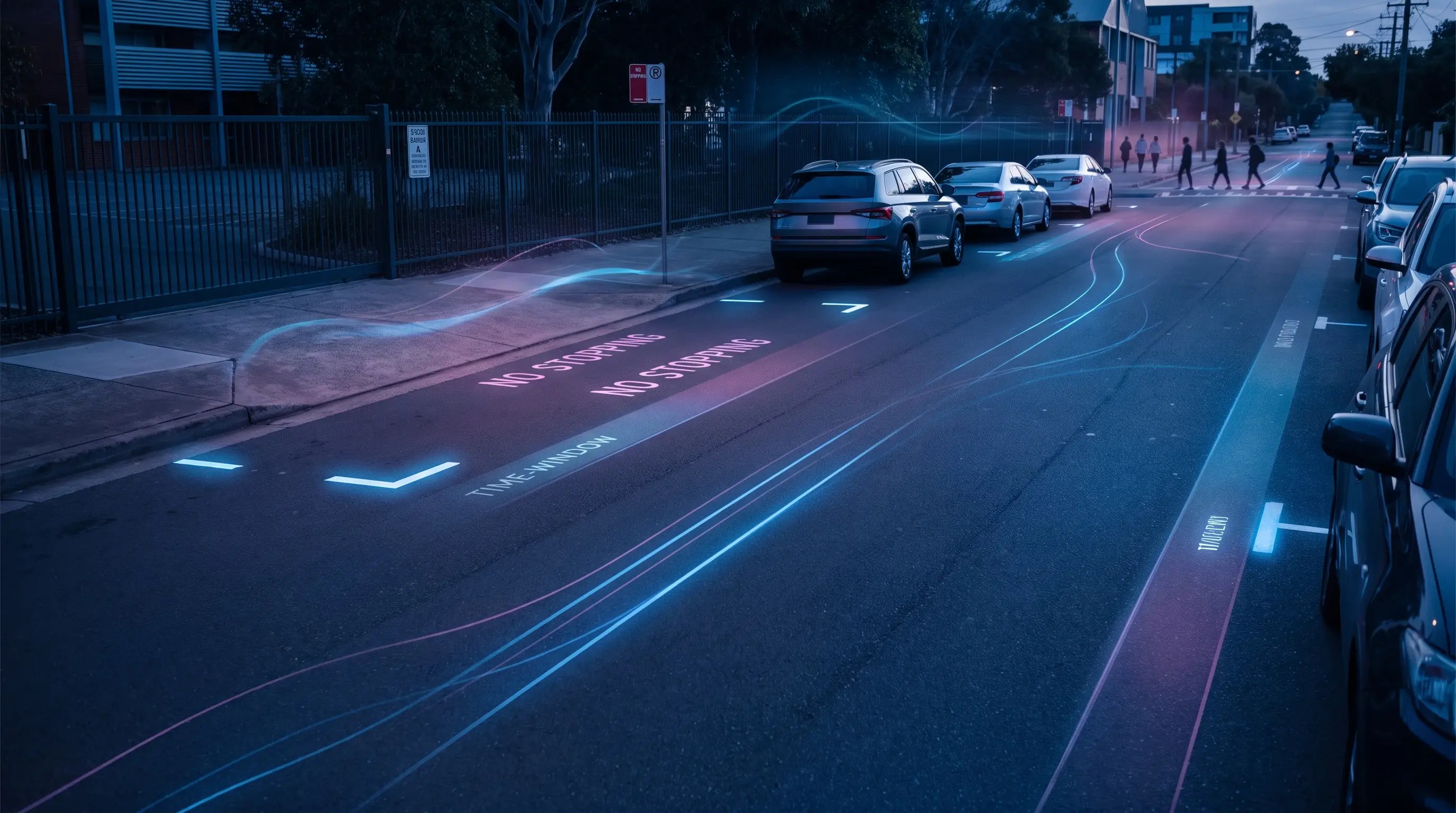 School-zone kerbside compliance scene with no-stopping area and time-window overlays
