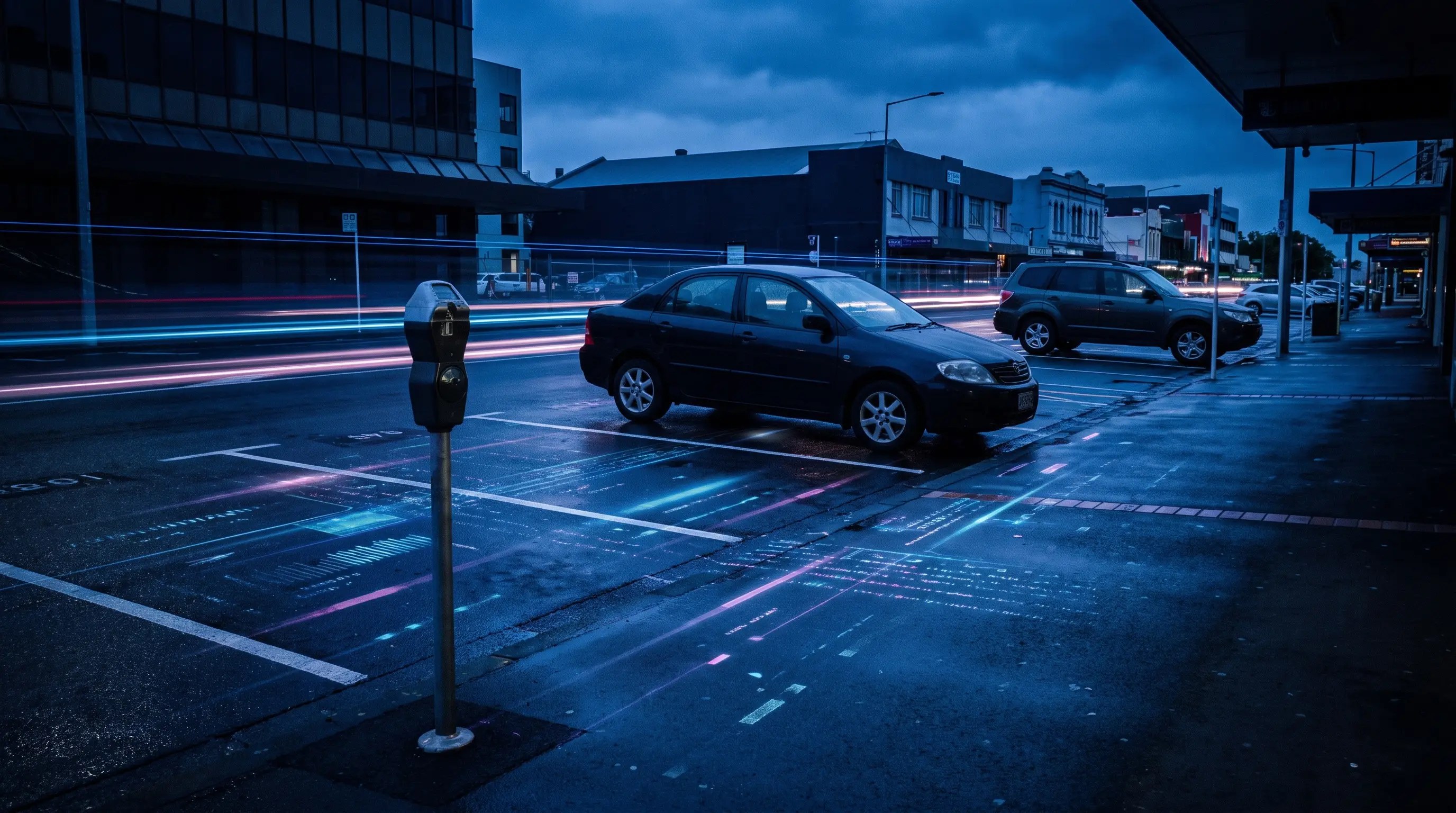 Kerbside timed parking scene with grace period and repeat-sighting evidence shown as abstract light trails