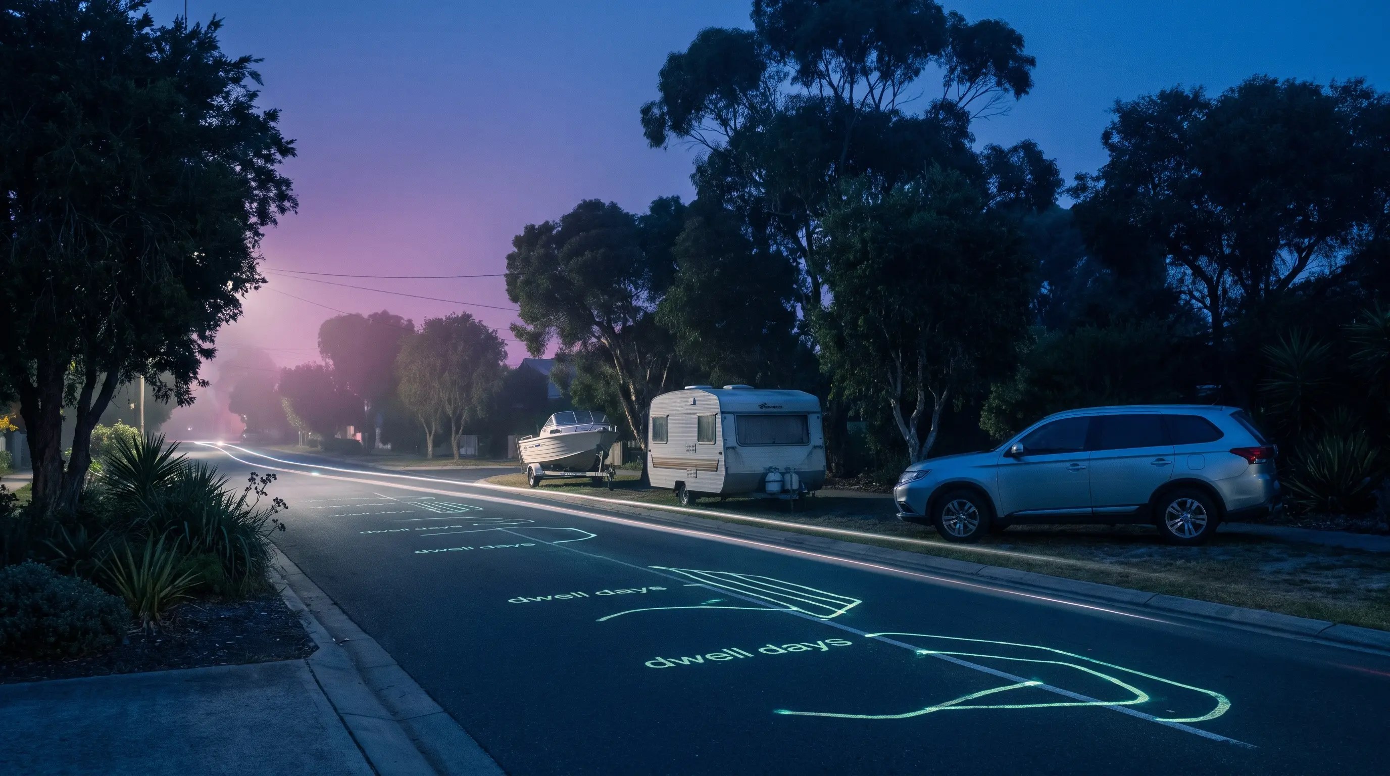 Boat trailer and caravan parked on a suburban street with blue-purple long-term dwell evidence overlays