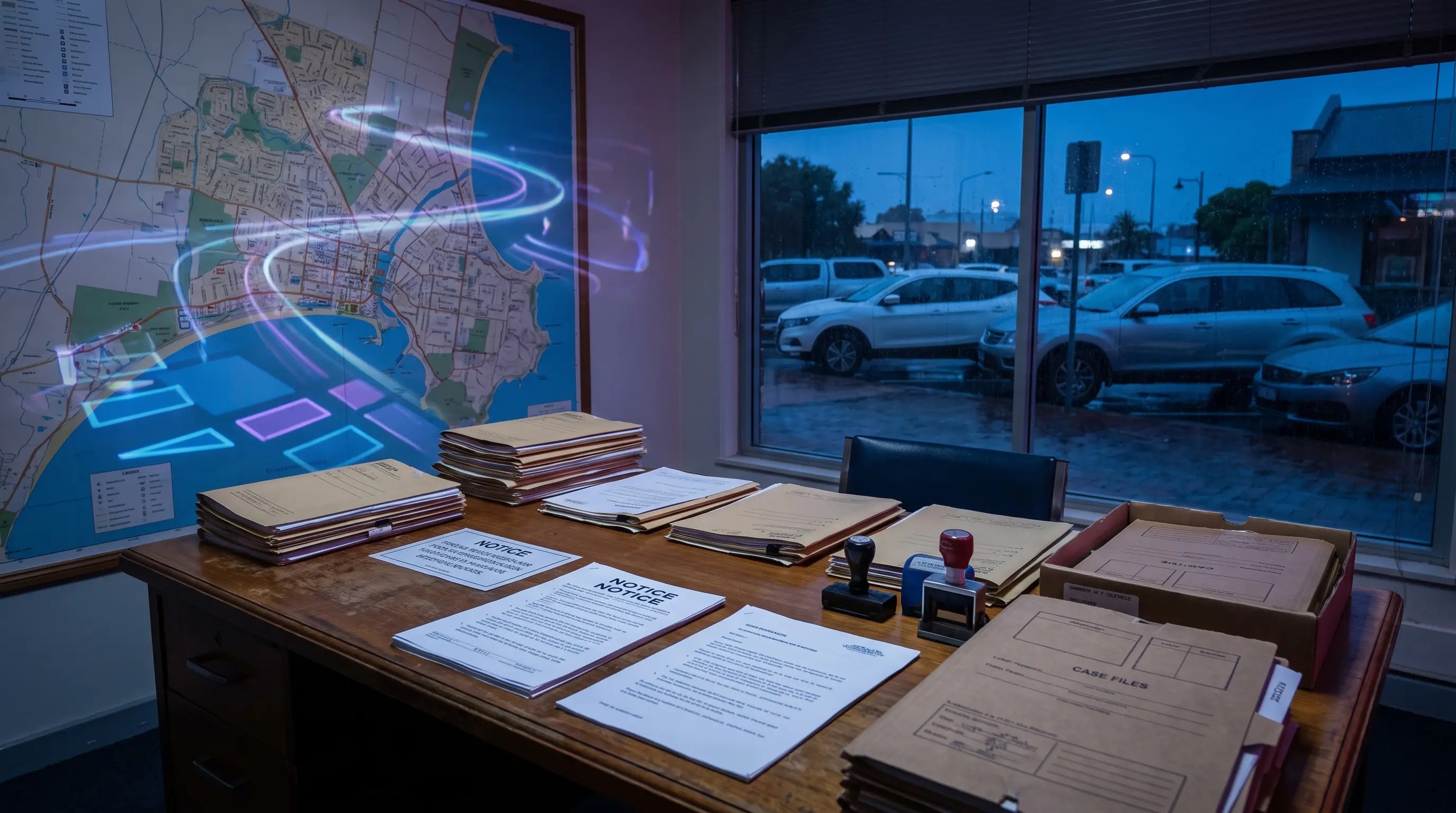 Council infringement follow-up workspace with paper case files, notices and blue-purple workflow lighting