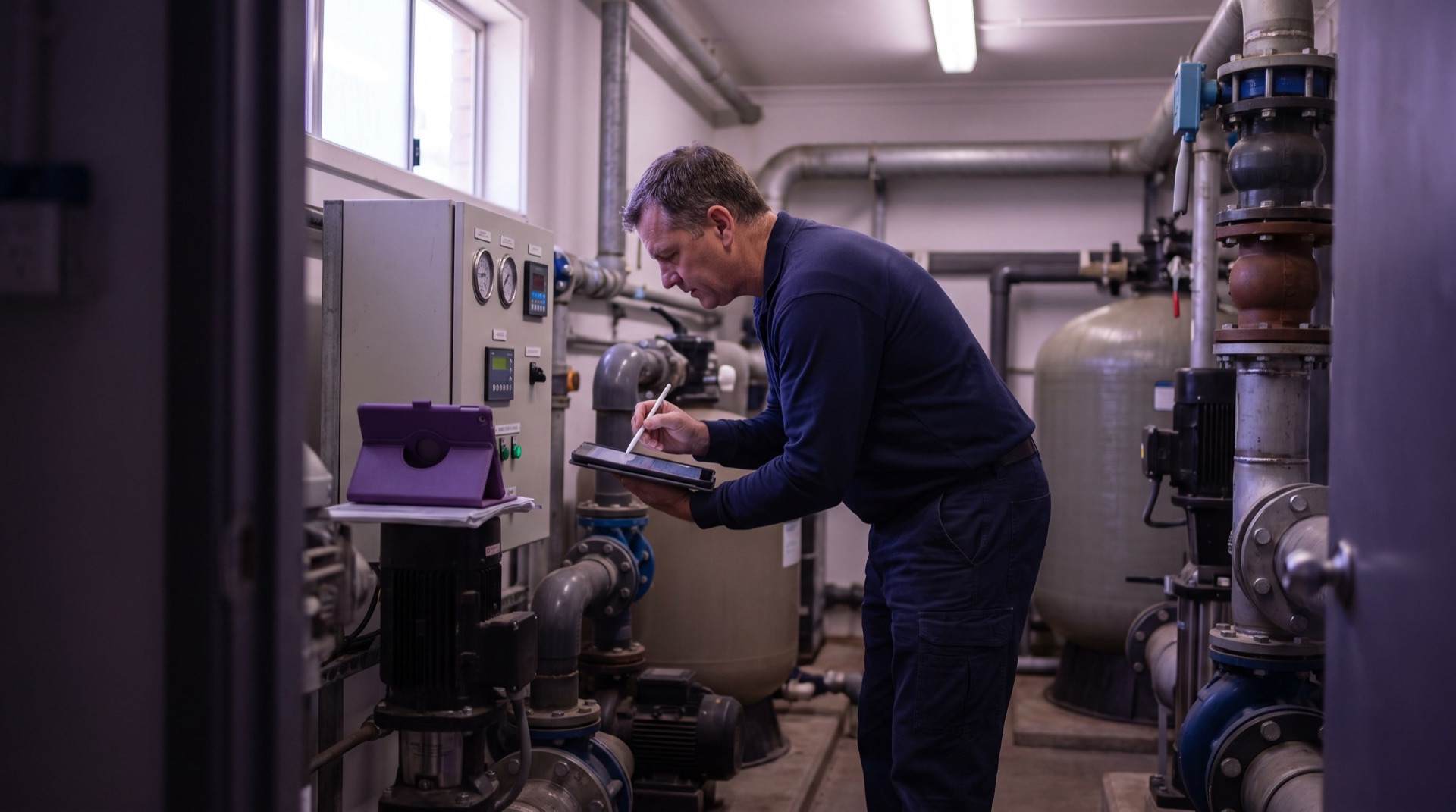 Officer recording an equipment reading in a generic public aquatic facility plant room