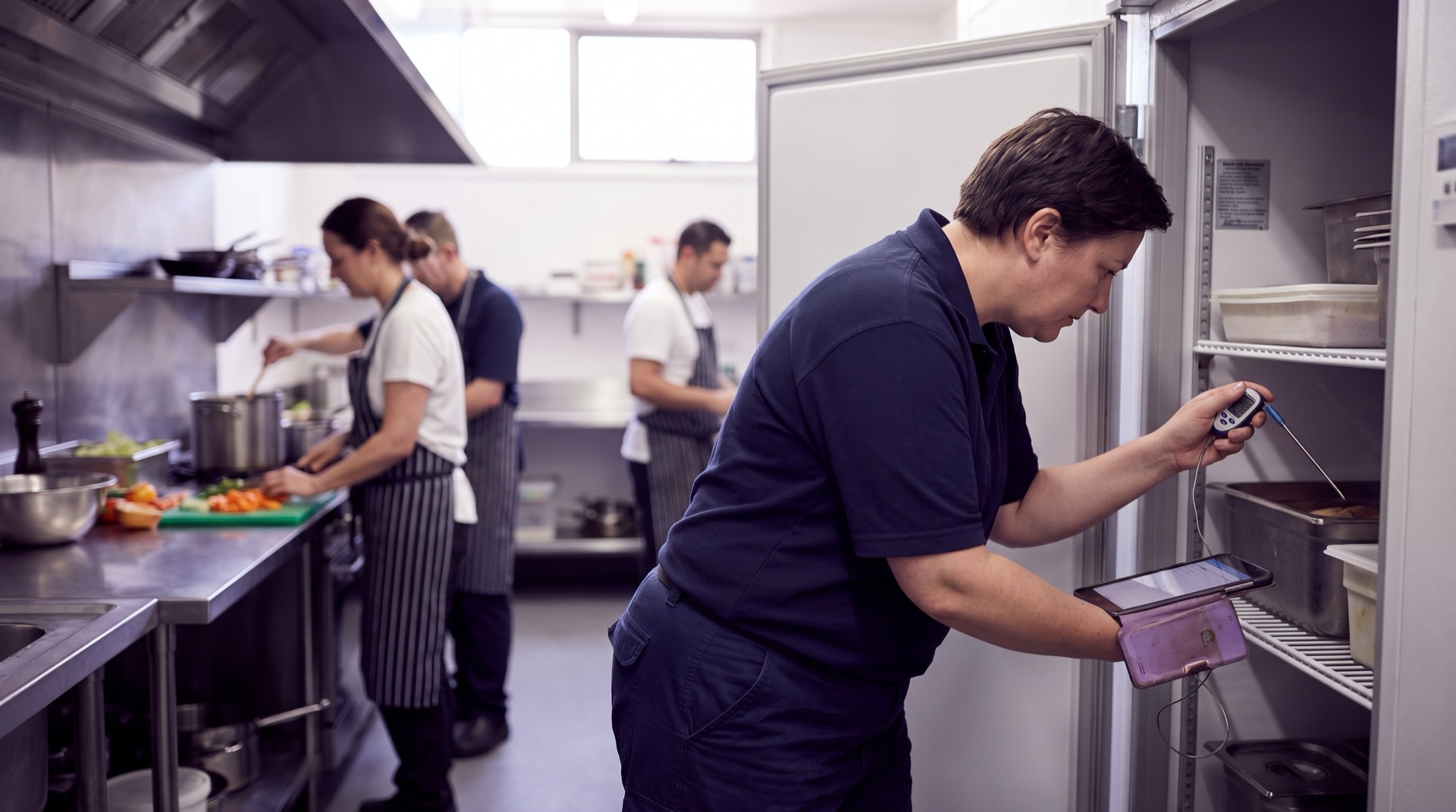 Environmental health officer recording a temperature observation in a generic commercial kitchen