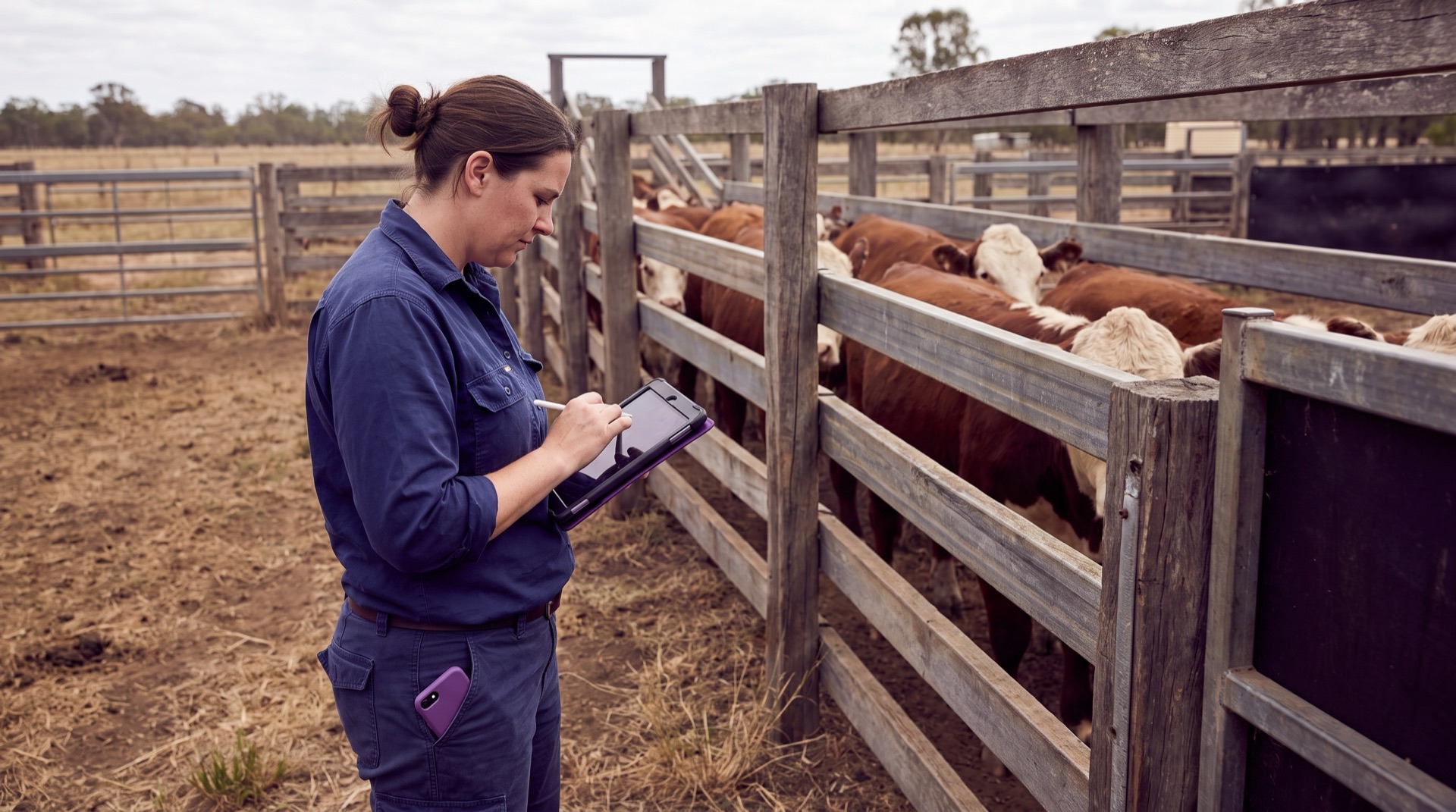 Biosecurity officer observing cattle from a safe position at generic livestock yards