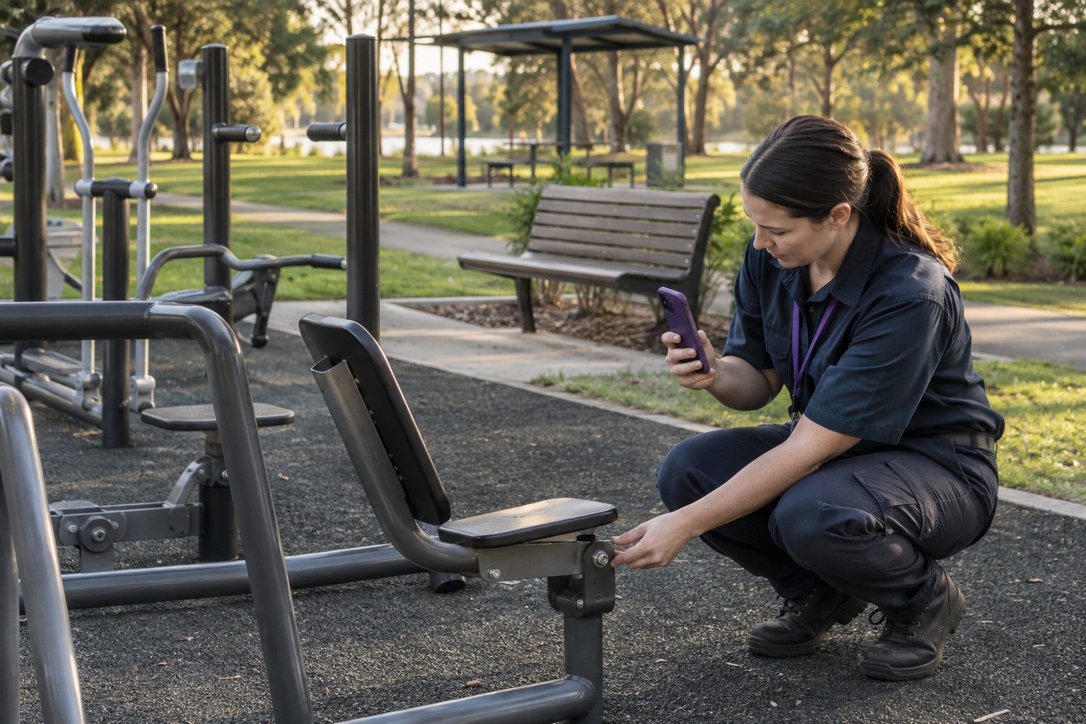 Field officer inspecting an outdoor fitness station with a mobile checklist