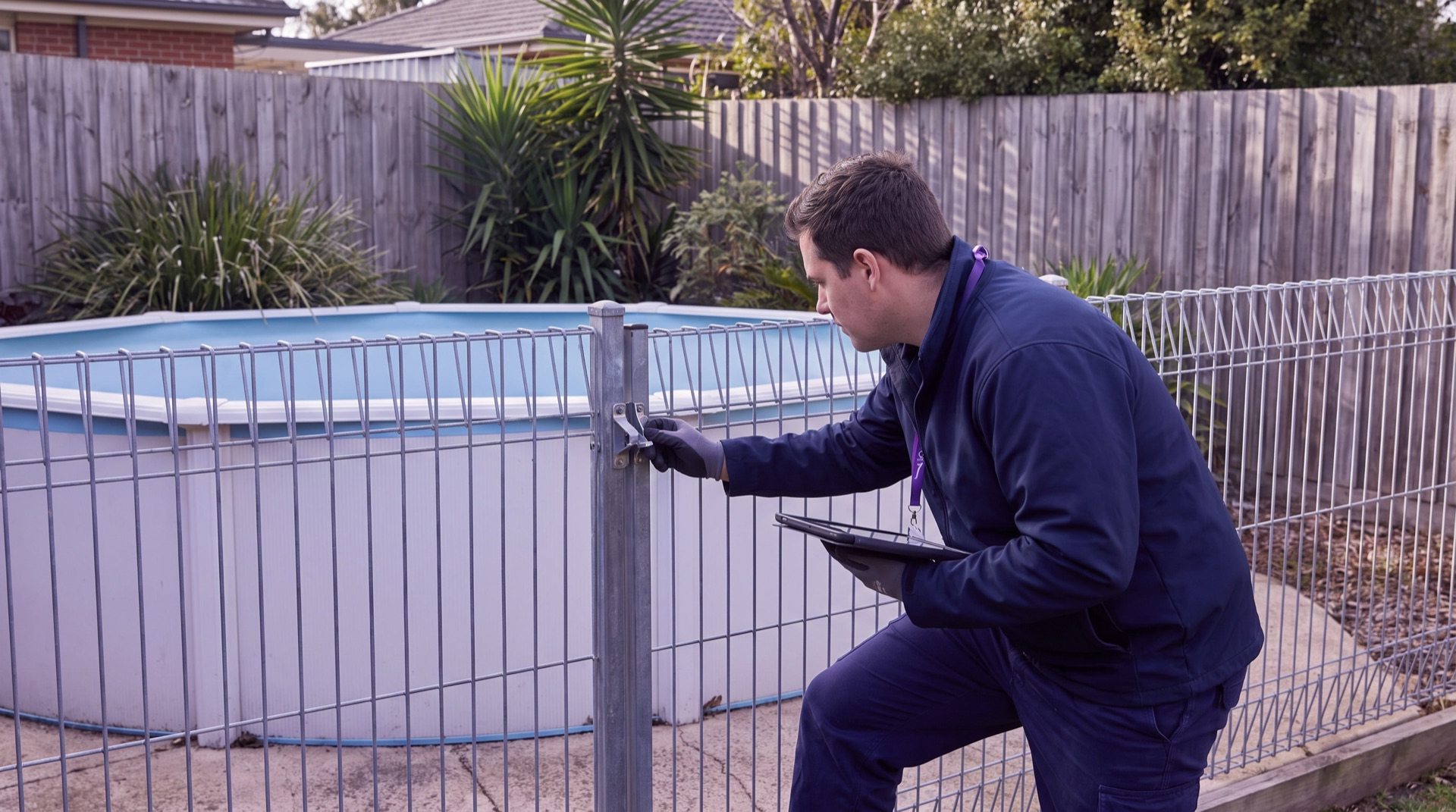 Officer checking a generic residential pool barrier gate latch during an authorised inspection