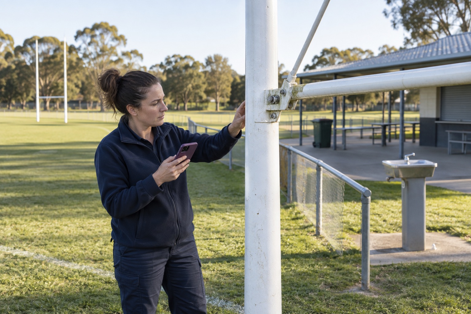 Field officer inspecting a sports-ground equipment connection and recording the observation