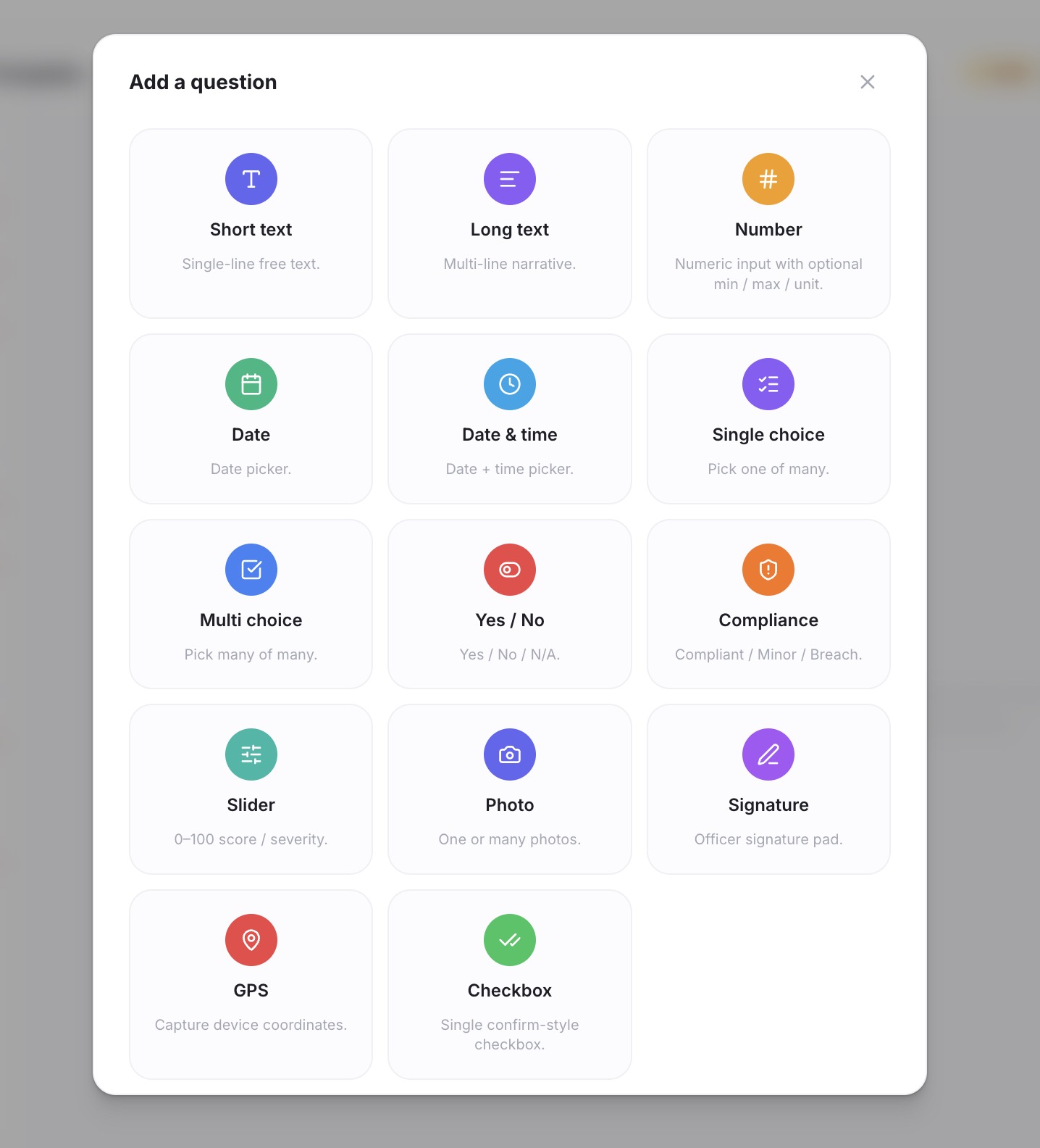 CORE inspection question types including text, dates, choice, compliance, photos, signatures and GPS