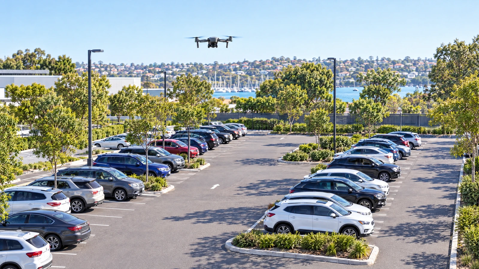 Drone flying an automated mission over an off-street car park