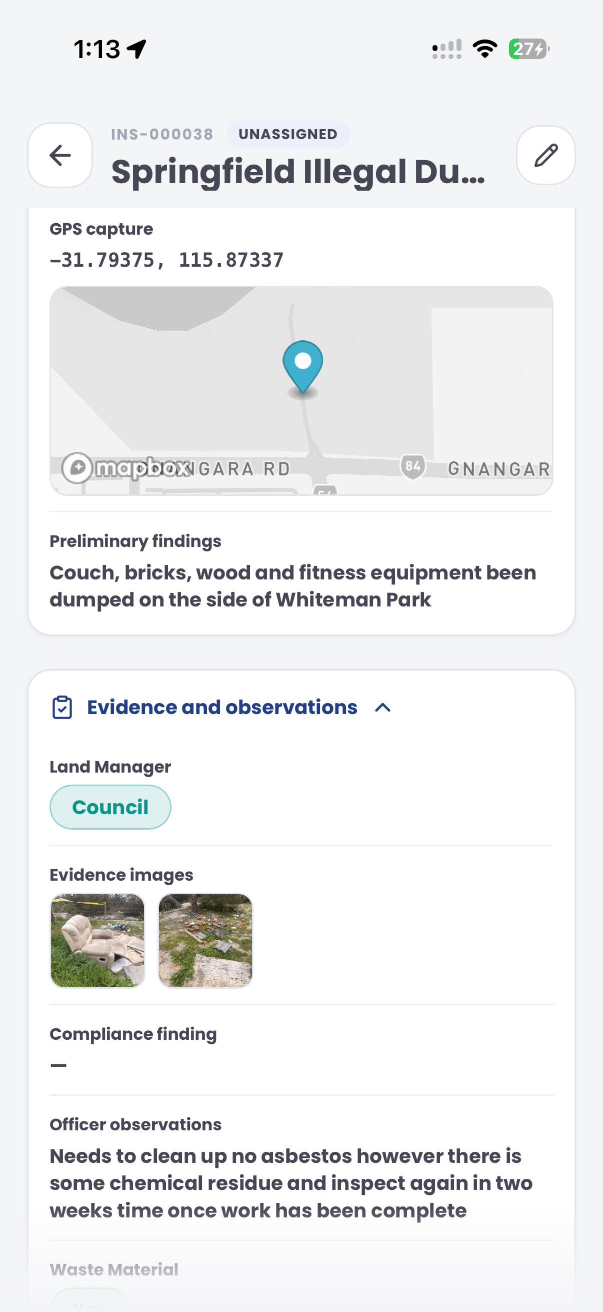 PatrolLink inspection detail with GPS capture, evidence images and officer observations