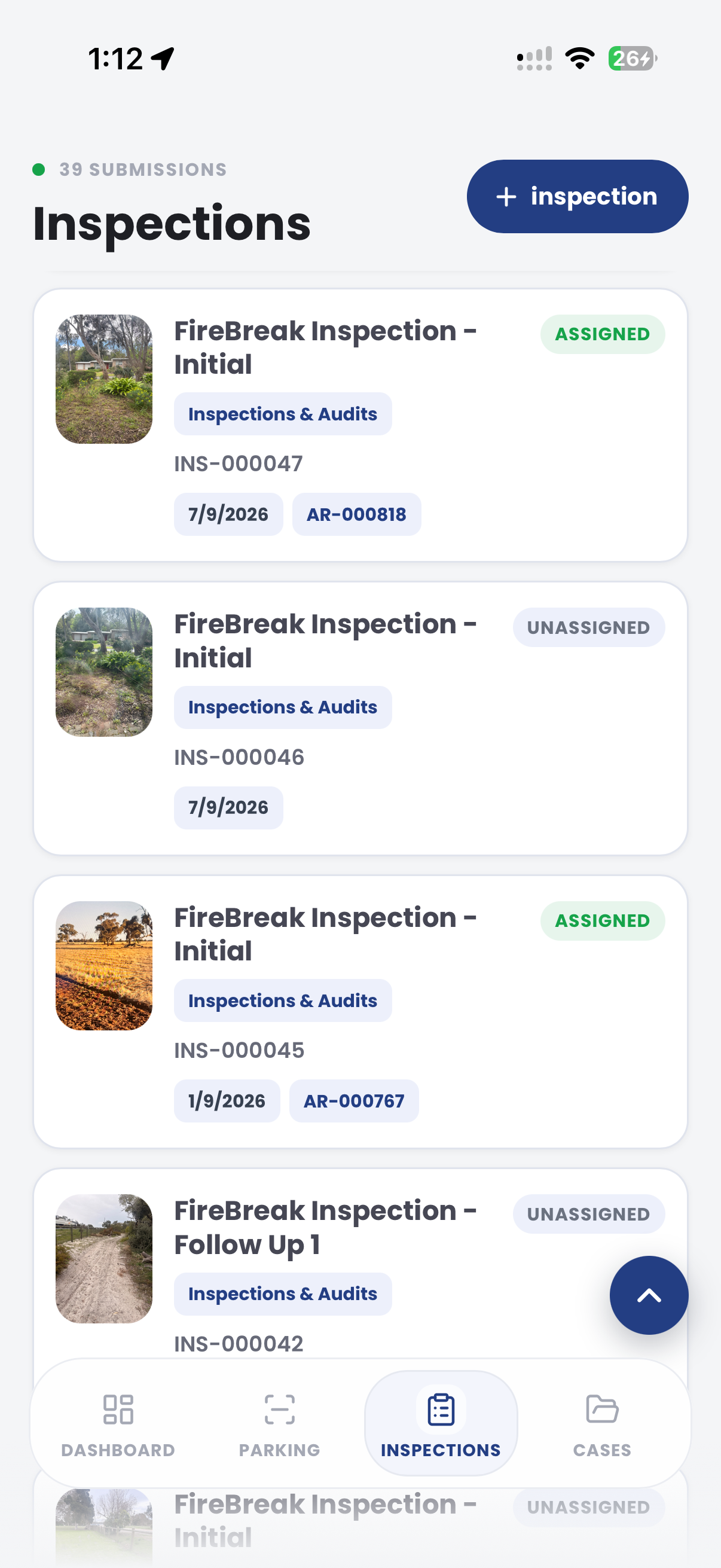 PatrolLink inspections list showing assigned and unassigned inspections