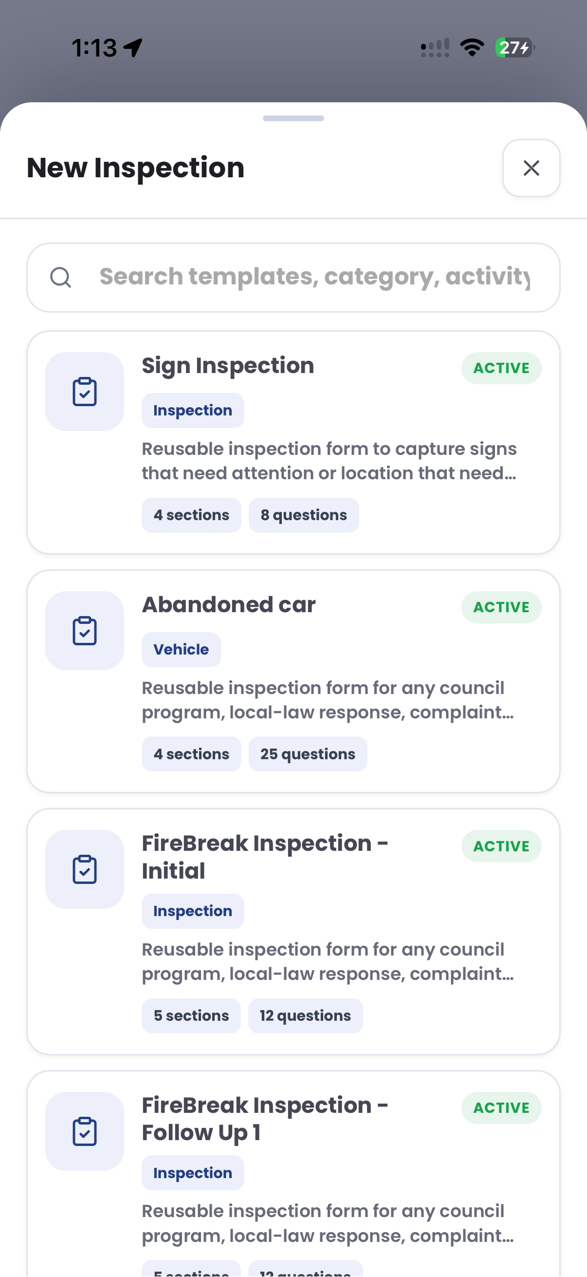 PatrolLink new inspection template picker